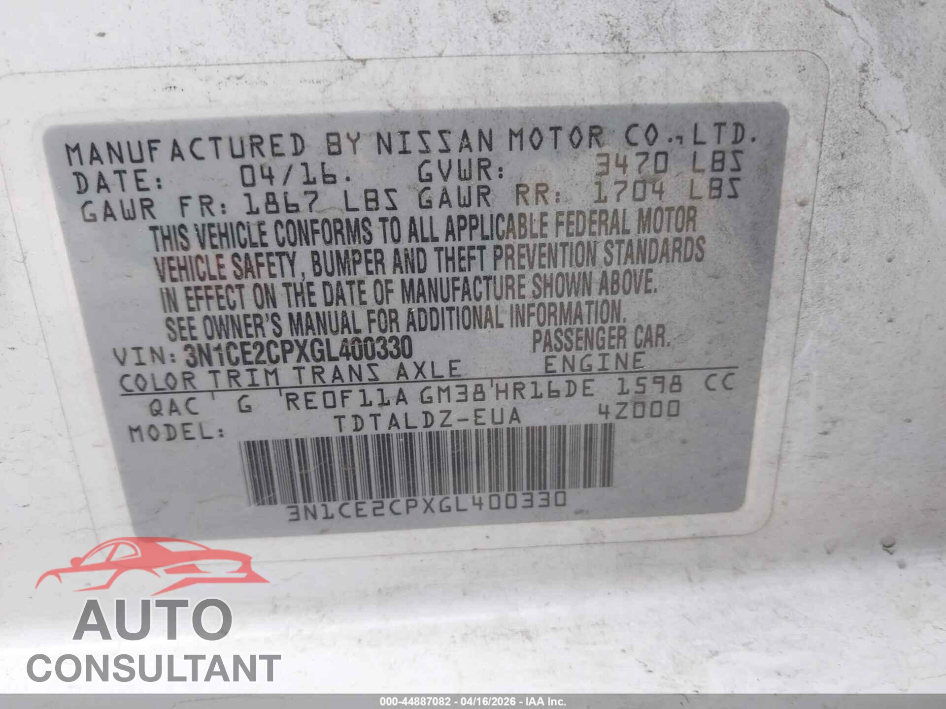NISSAN VERSA NOTE 2016 - 3N1CE2CPXGL400330
