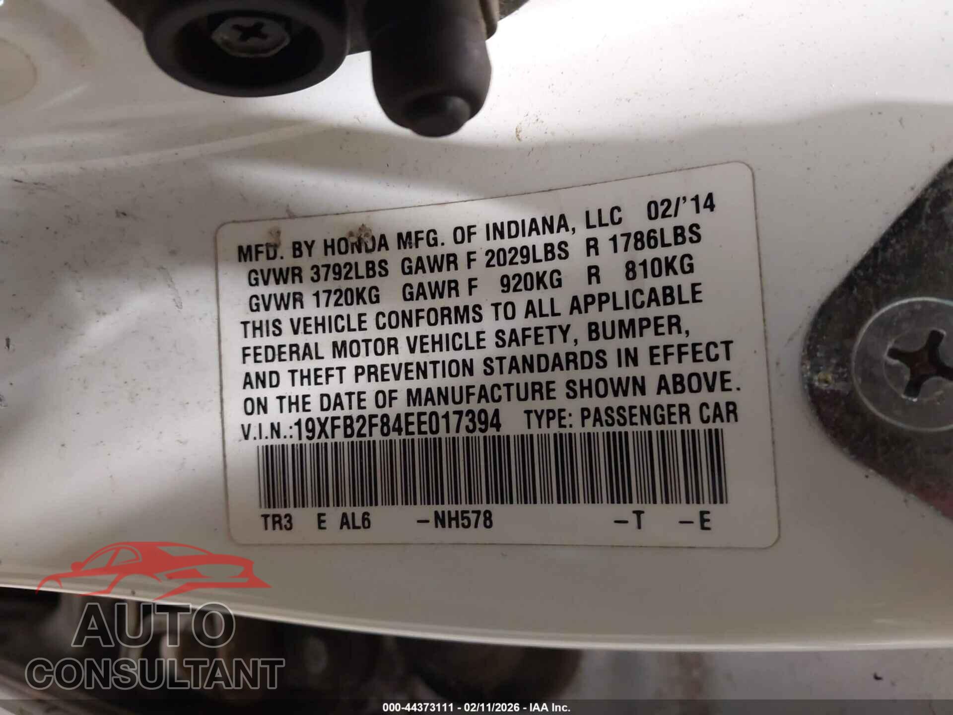 HONDA CIVIC 2014 - 19XFB2F84EE017394