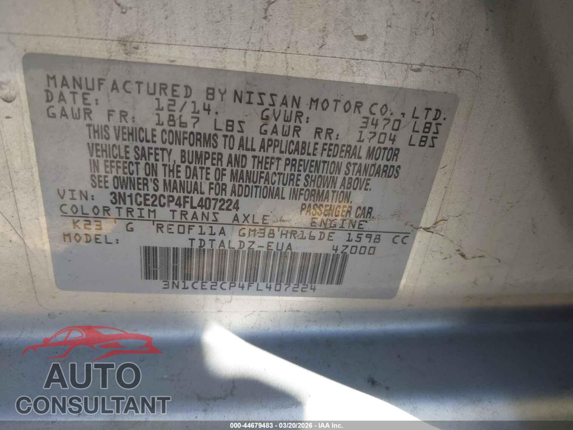 NISSAN VERSA NOTE 2015 - 3N1CE2CP4FL407224