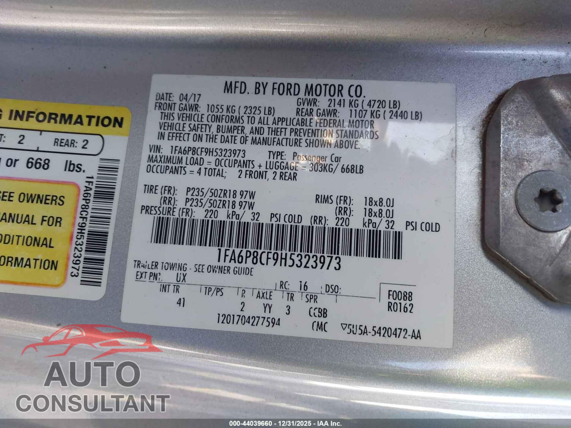 FORD MUSTANG 2017 - 1FA6P8CF9H5323973