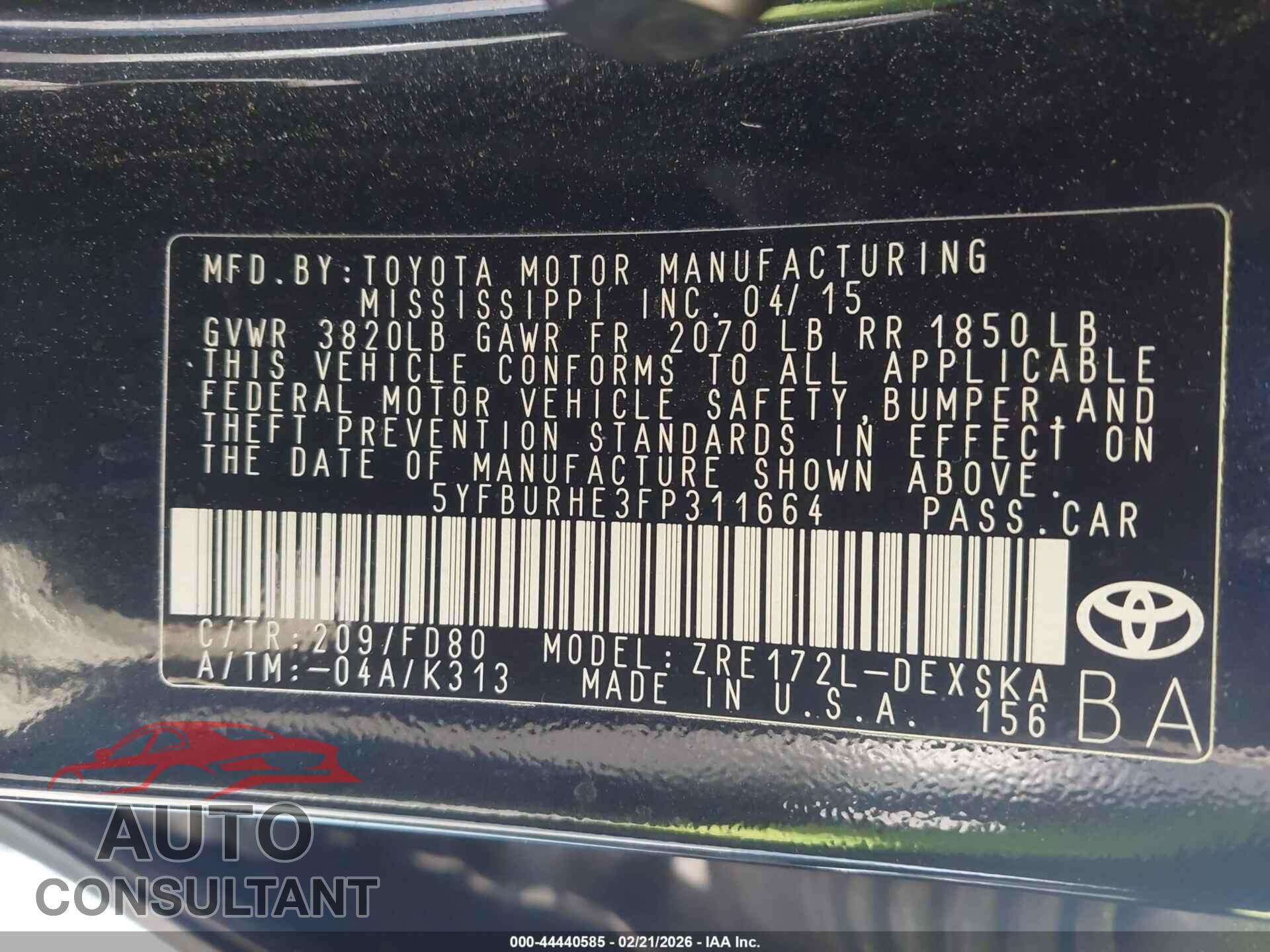 TOYOTA COROLLA 2015 - 5YFBURHE3FP311664