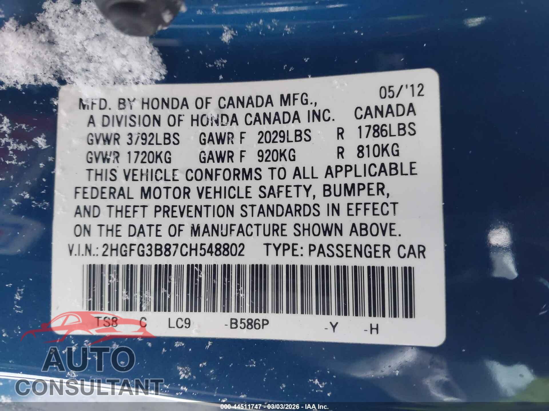 HONDA CIVIC 2012 - 2HGFG3B87CH548802