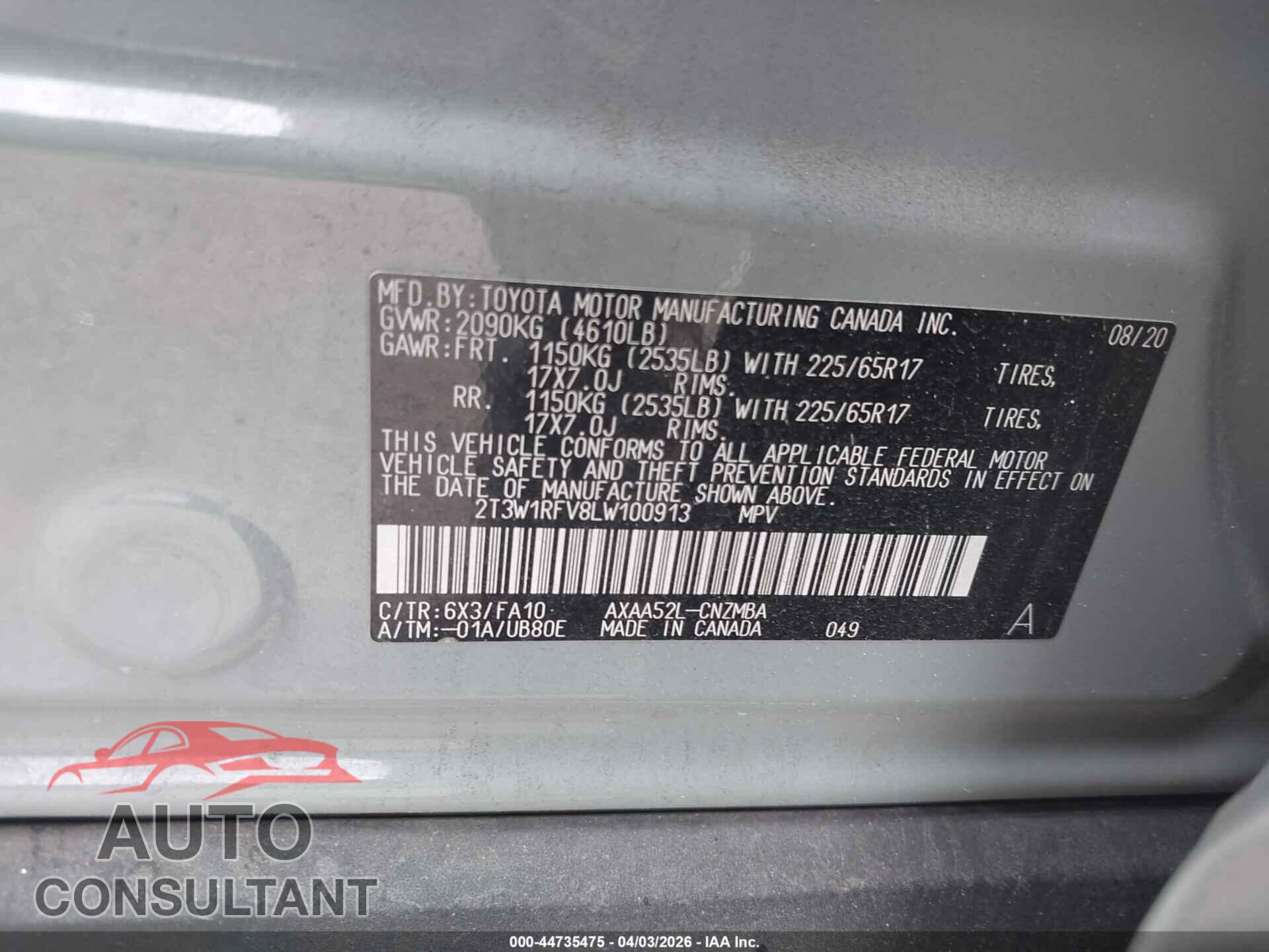 TOYOTA RAV4 2020 - 2T3W1RFV8LW100913