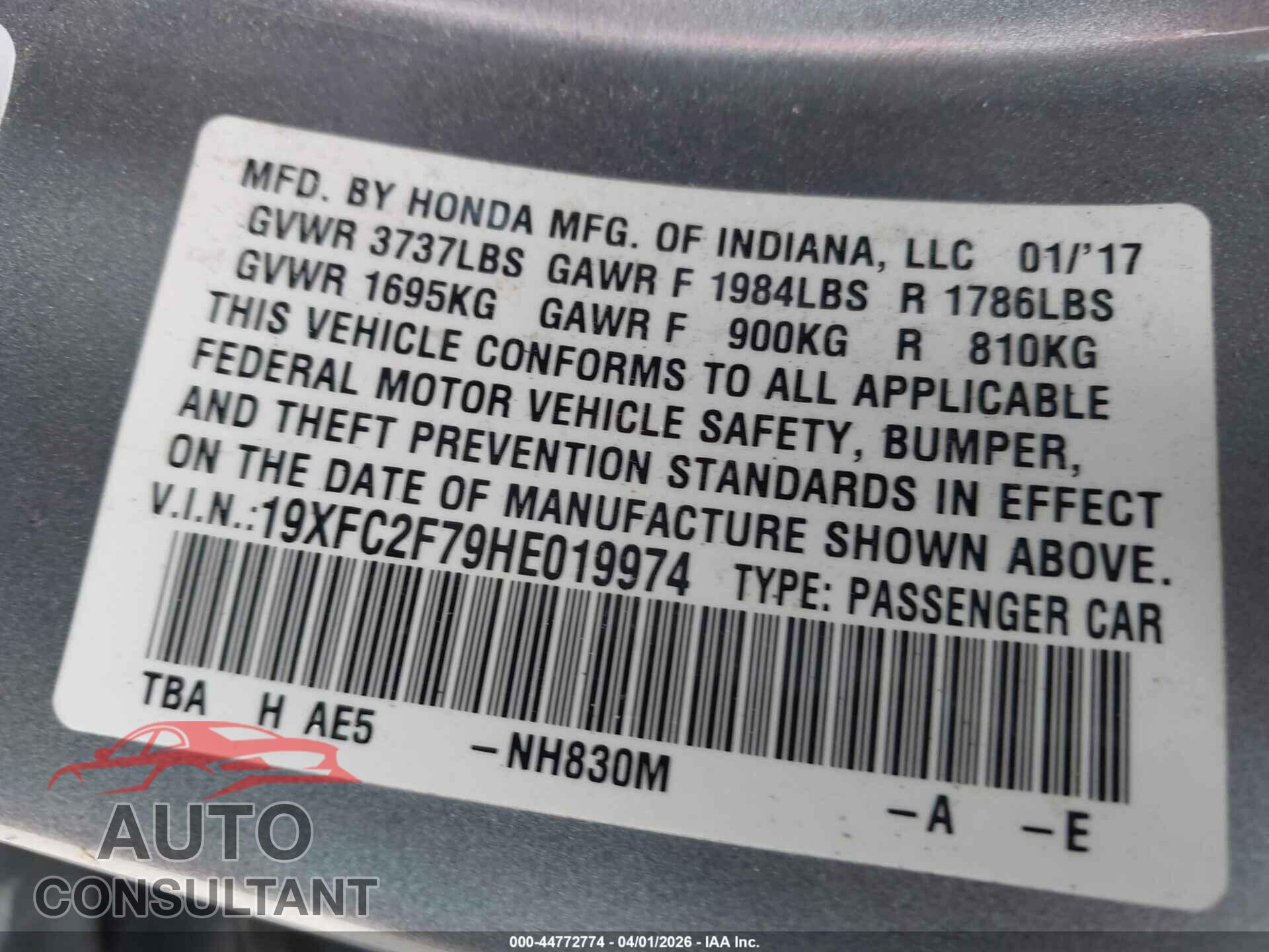 HONDA CIVIC 2017 - 19XFC2F79HE019974