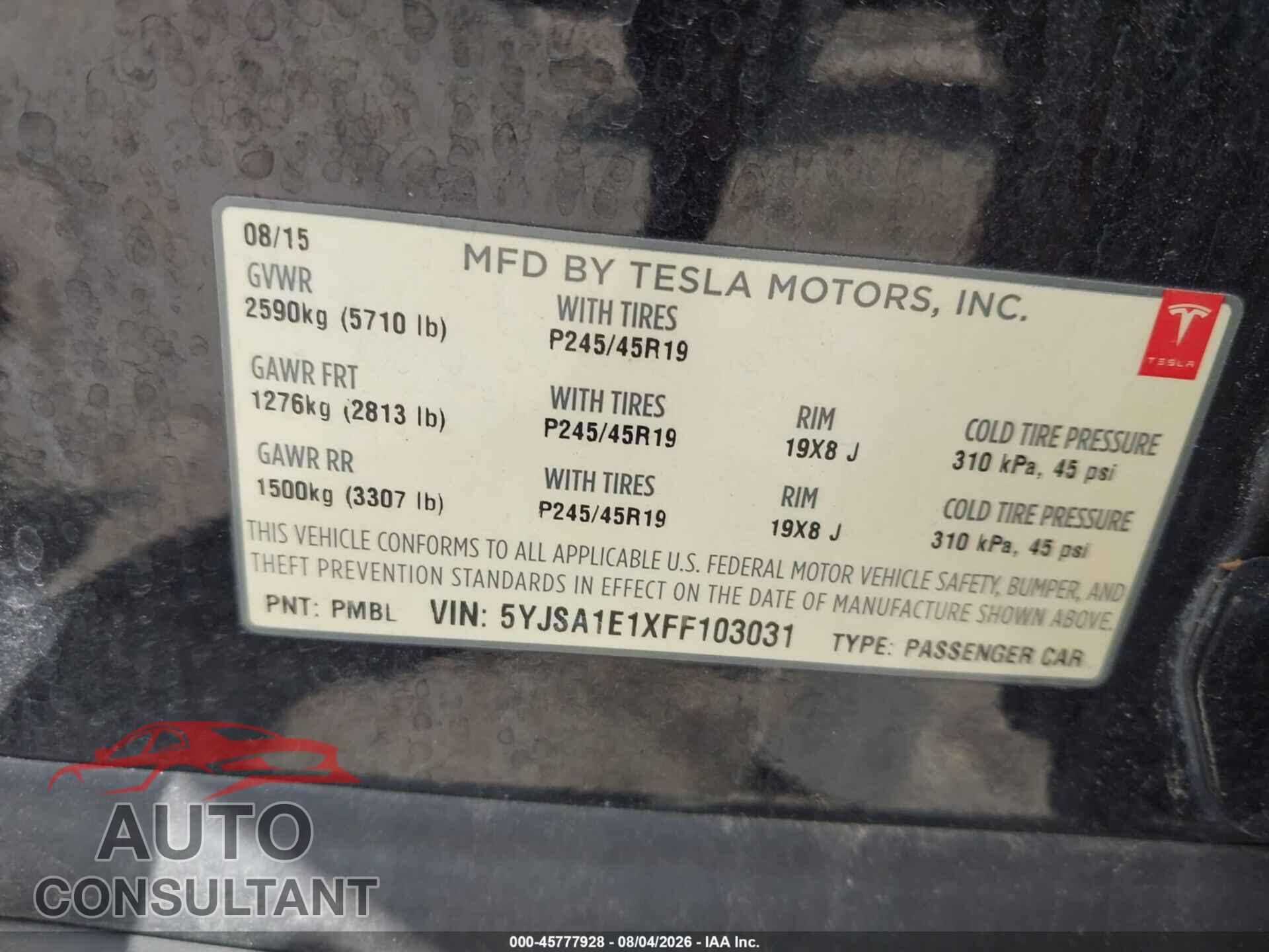 TESLA MODEL S 2015 - 5YJSA1E1XFF103031