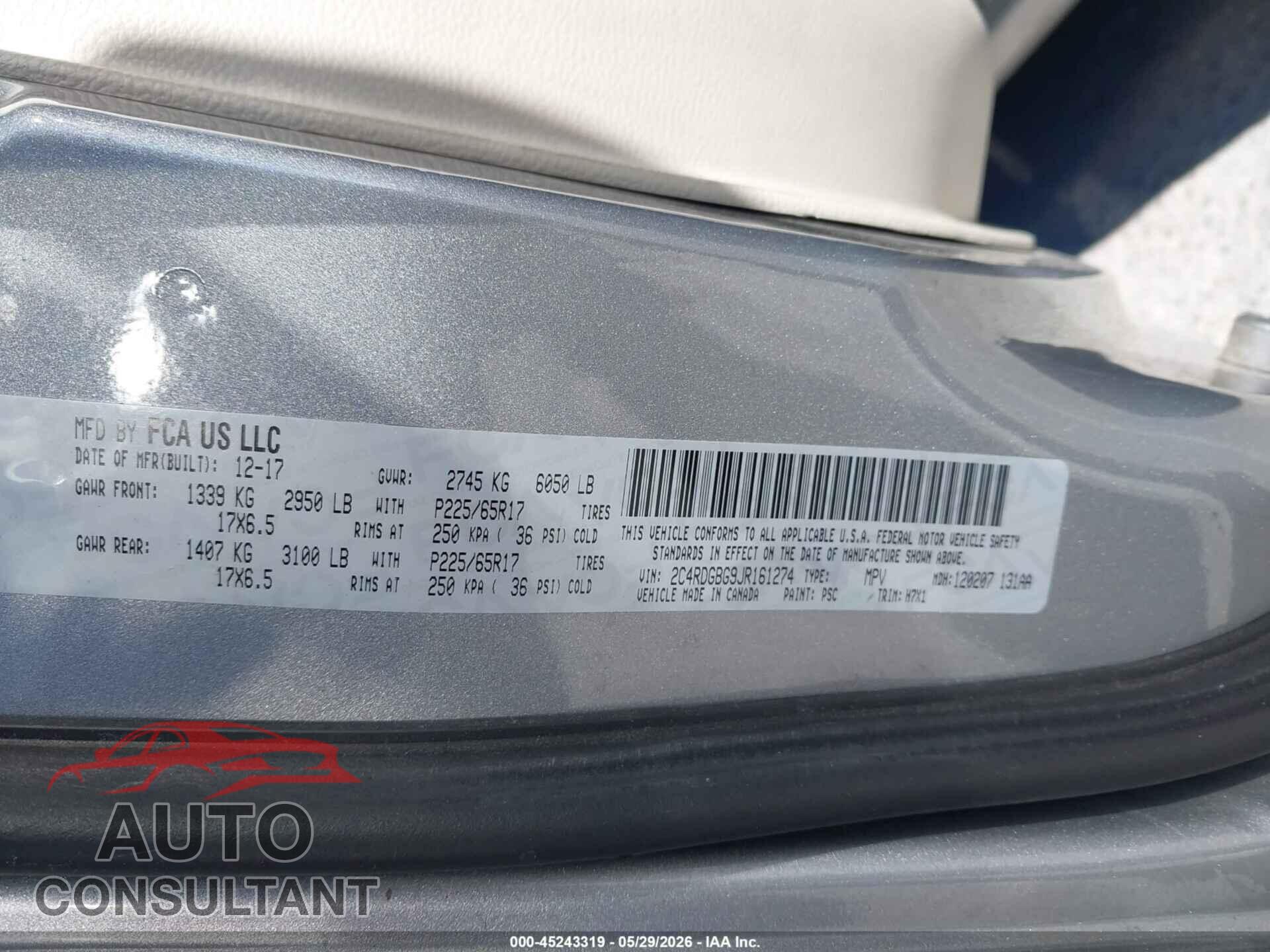 DODGE GRAND CARAVAN 2018 - 2C4RDGBG9JR161274