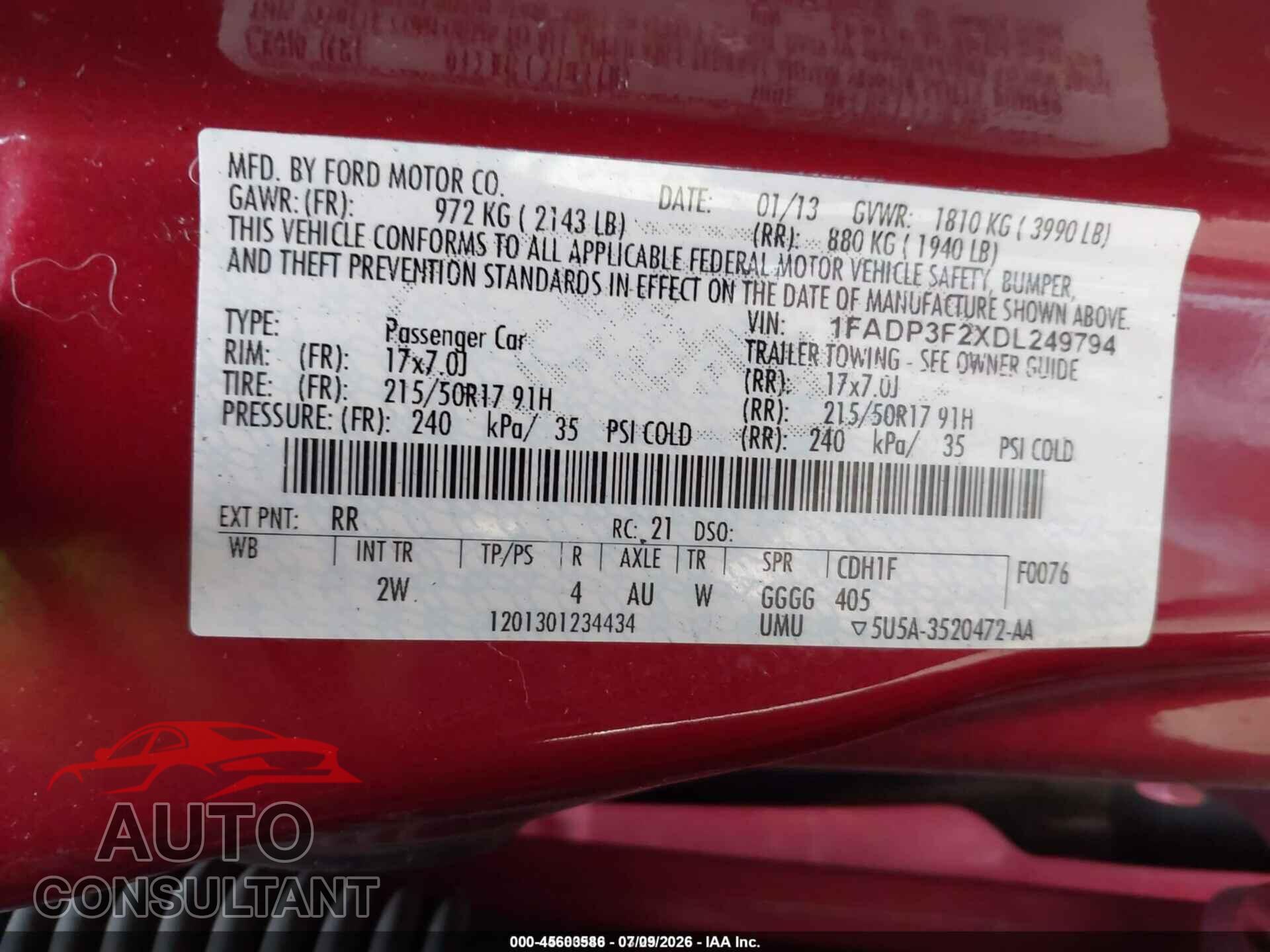 FORD FOCUS 2013 - 1FADP3F2XDL249794