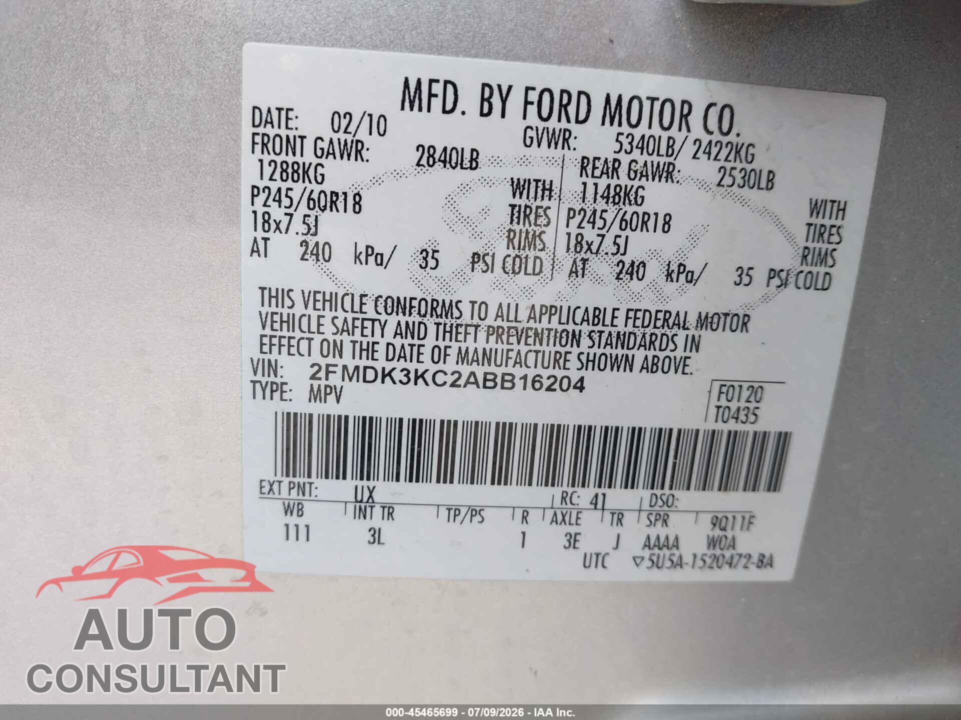 FORD EDGE 2010 - 2FMDK3KC2ABB16204