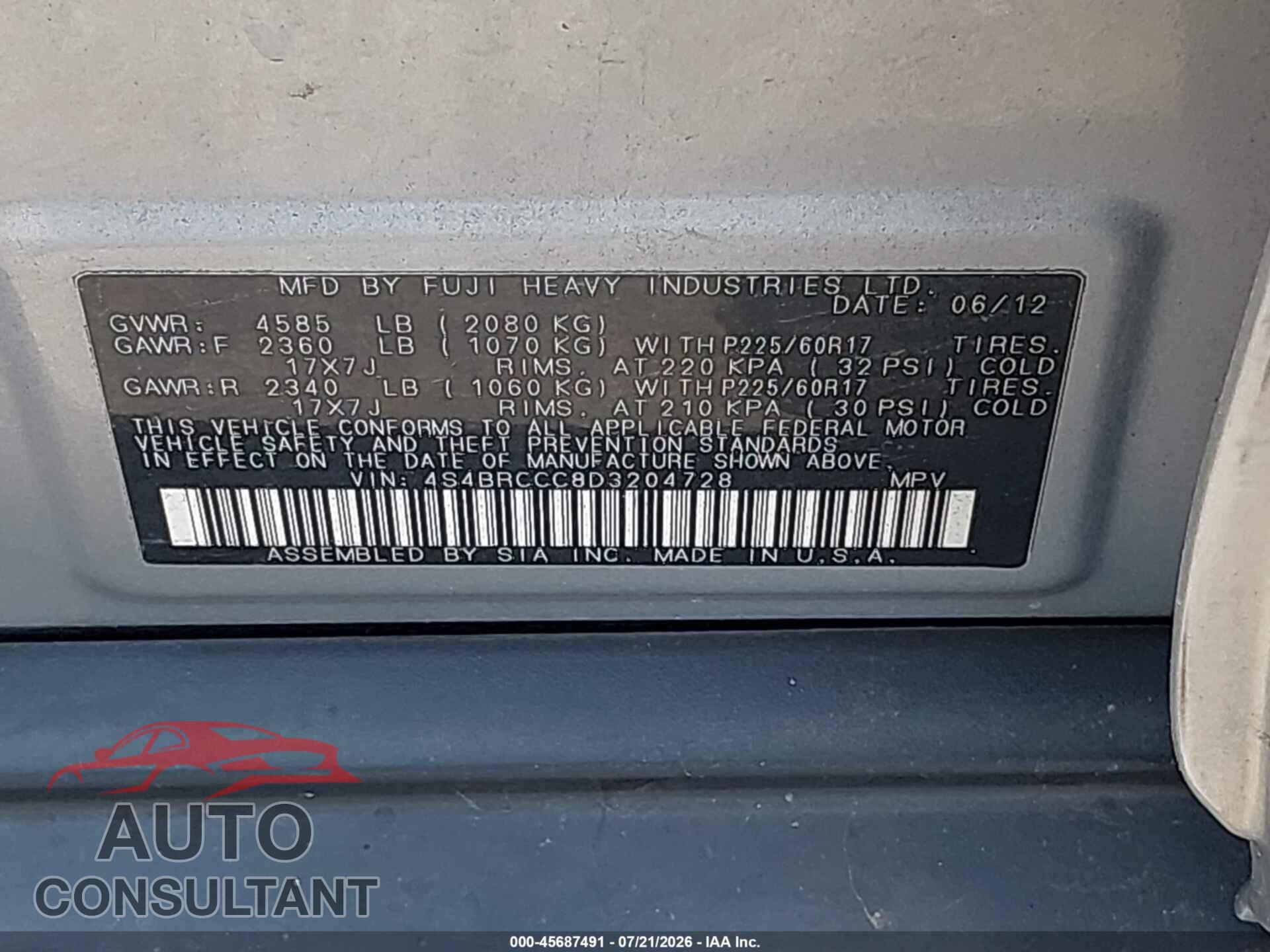 SUBARU OUTBACK 2013 - 4S4BRCCC8D3204728