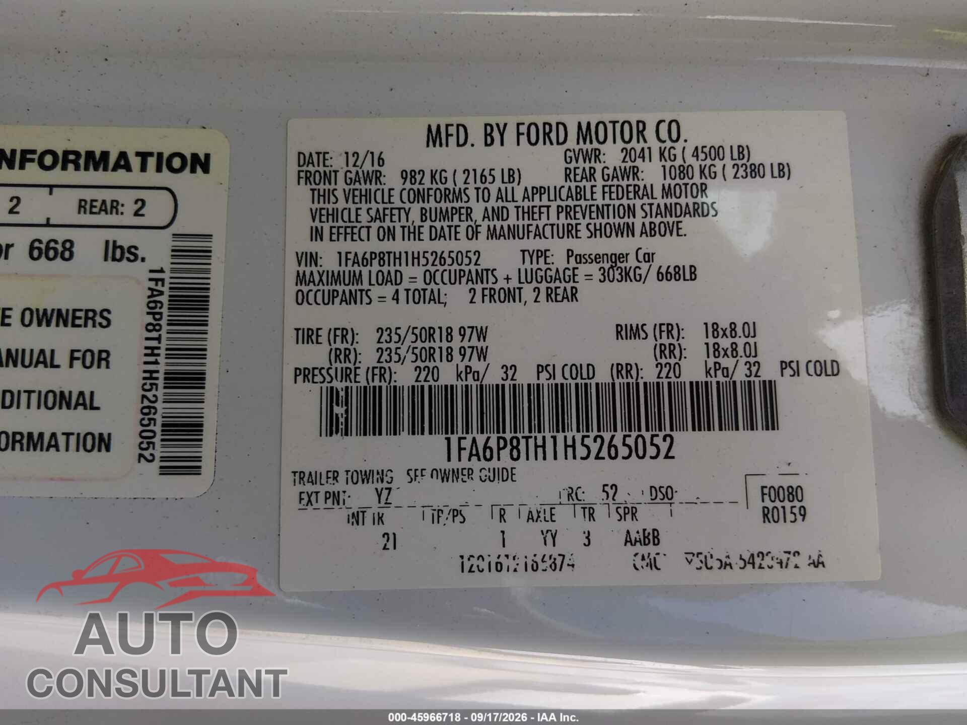 FORD MUSTANG 2017 - 1FA6P8TH1H5265052
