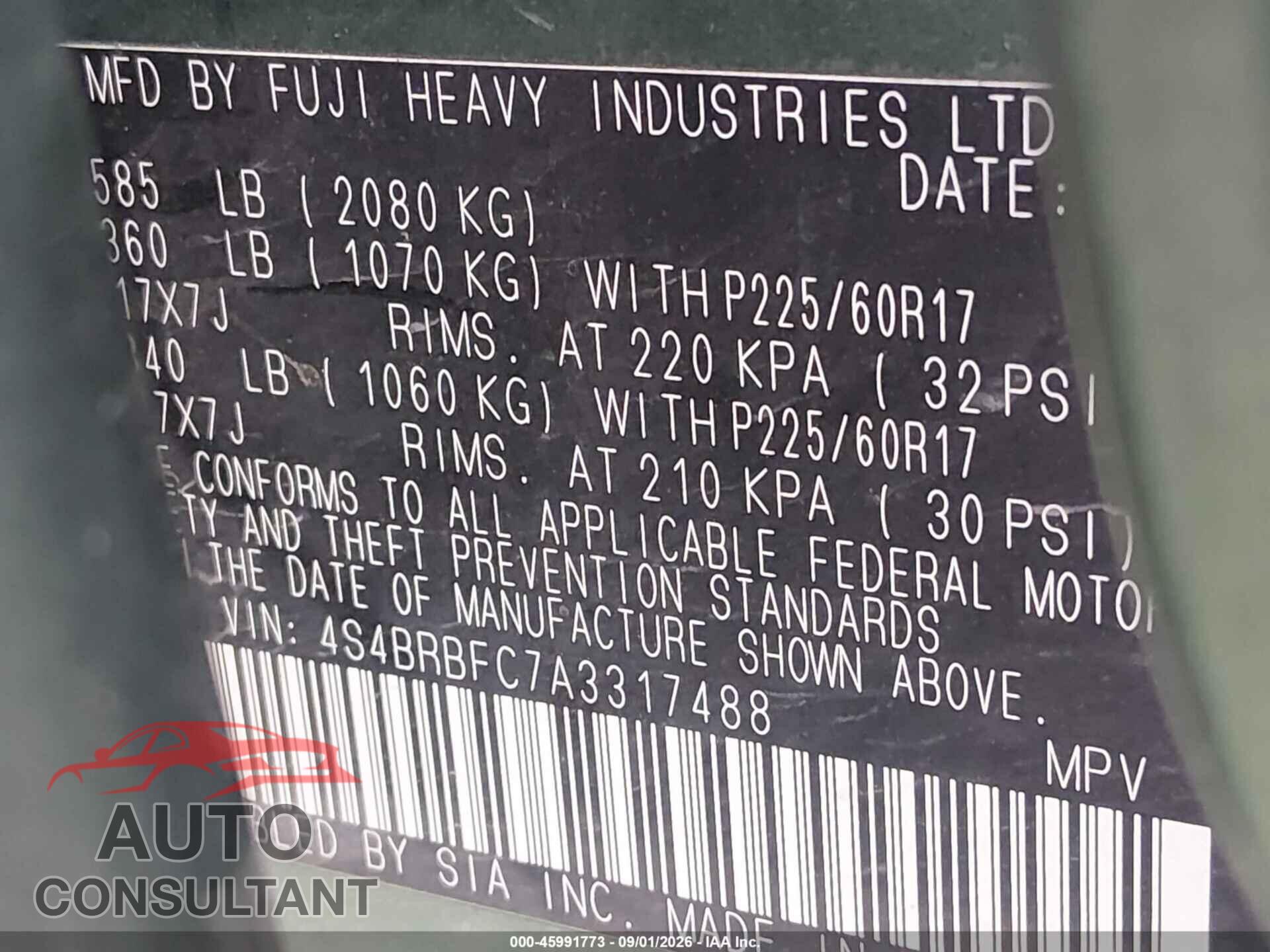 SUBARU OUTBACK 2010 - 4S4BRBFC7A3317488