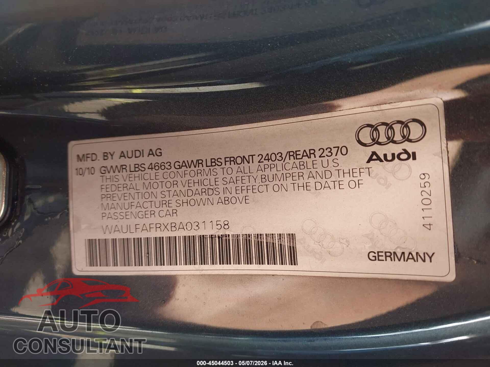 AUDI A5 2011 - WAULFAFRXBA031158