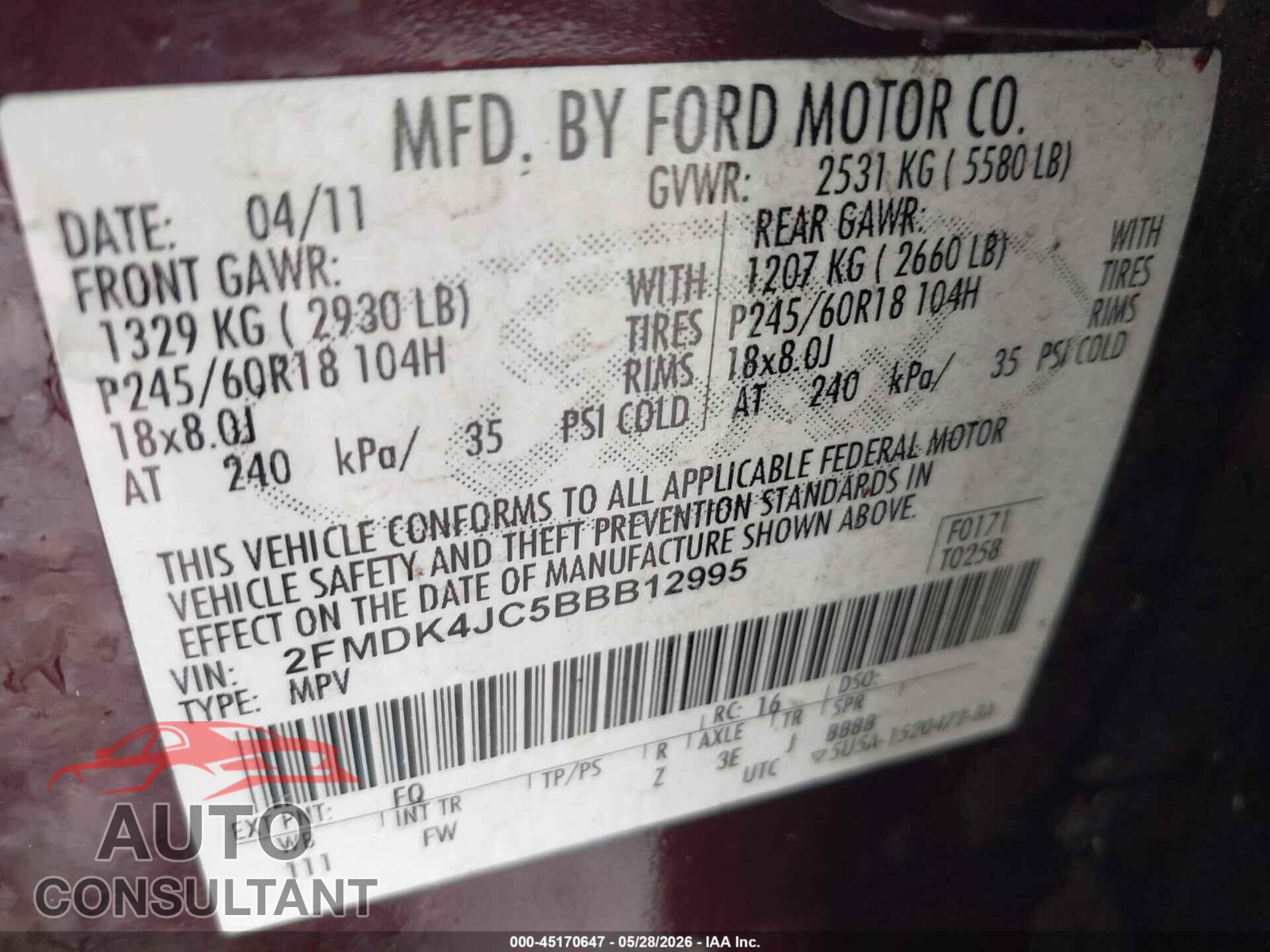 FORD EDGE 2011 - 2FMDK4JC5BBB12995