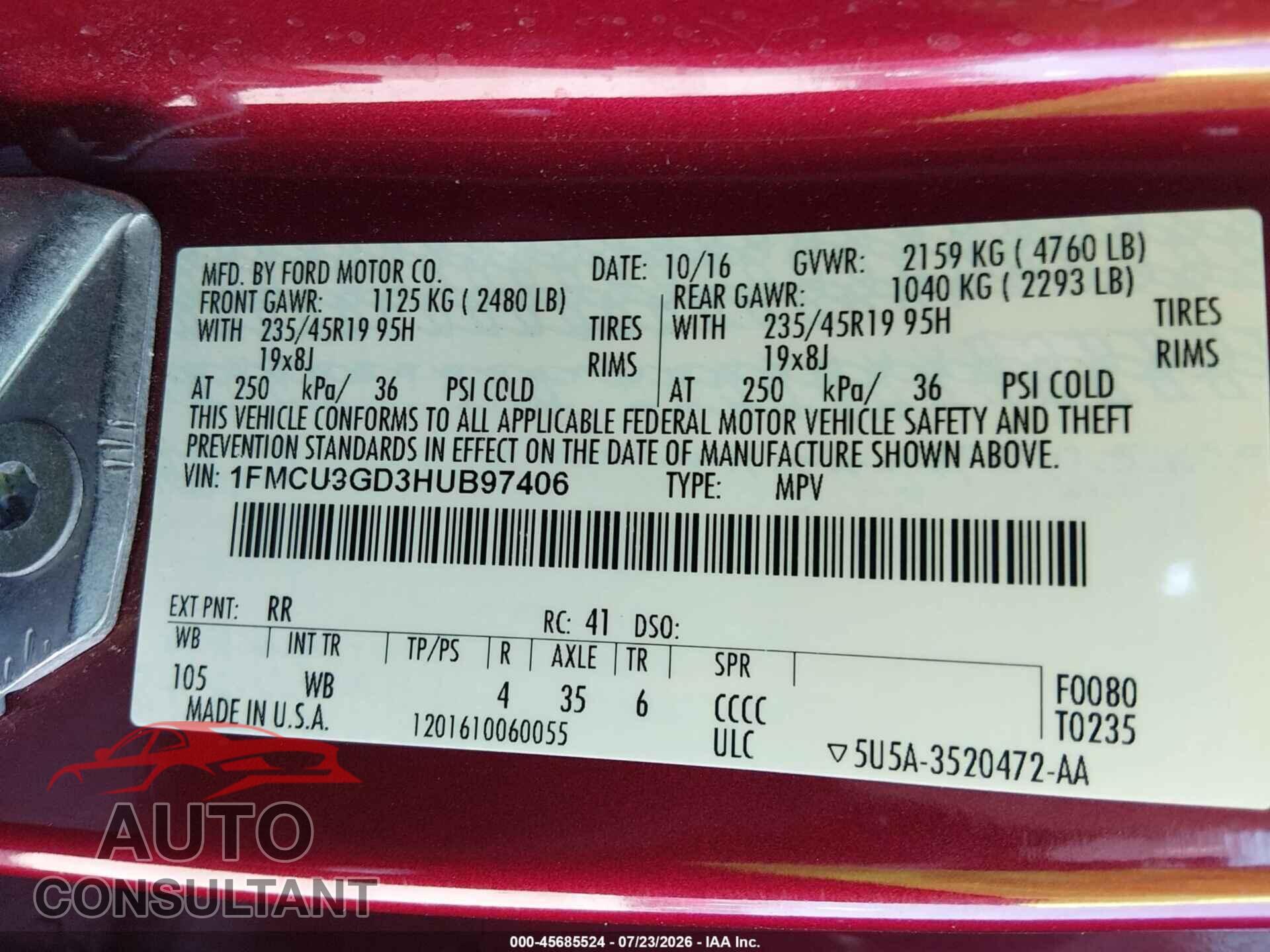 FORD ESCAPE 2017 - 1FMCU9GD3HUB97406