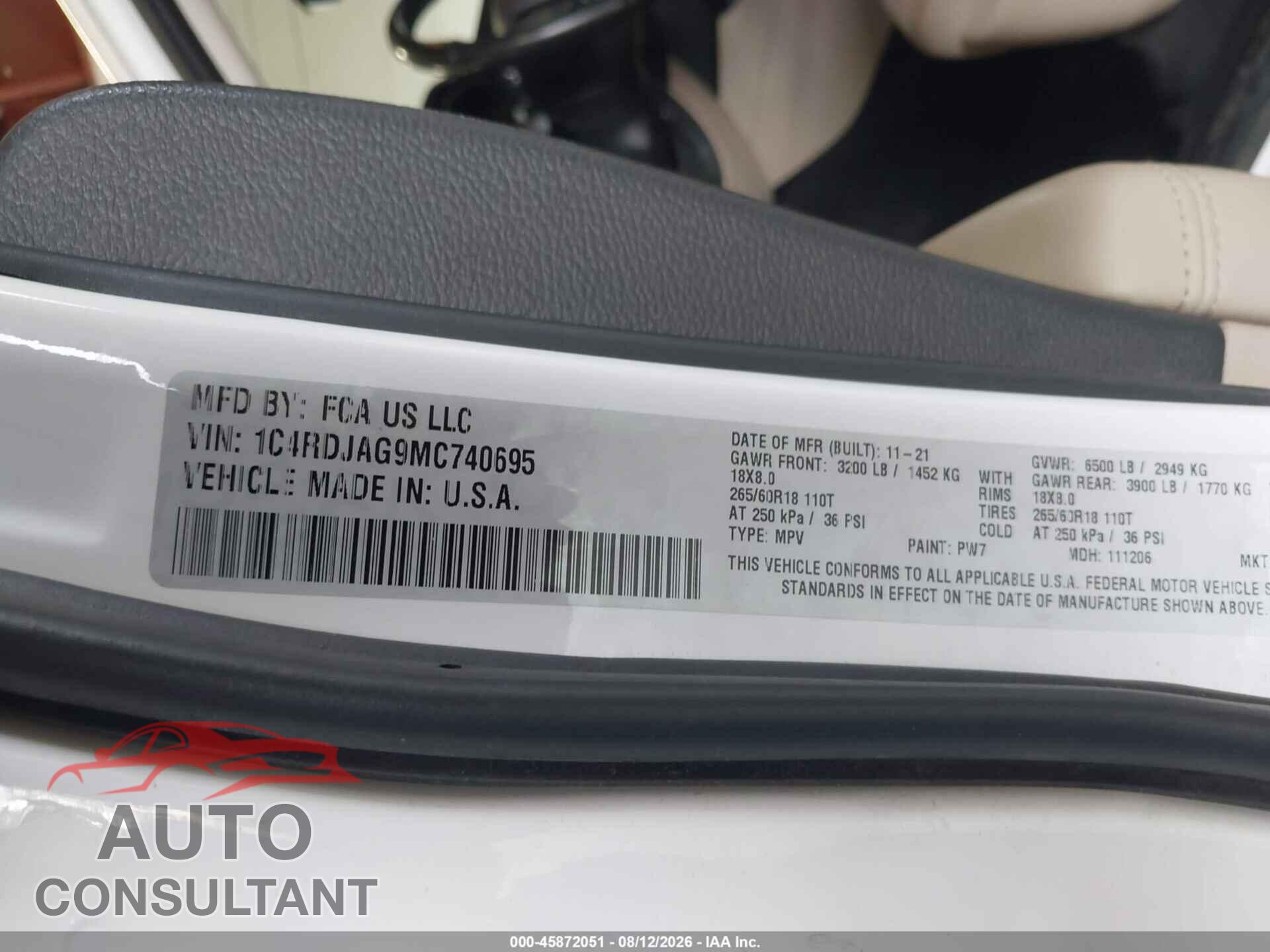 DODGE DURANGO 2021 - 1C4RDJAG9MC740695