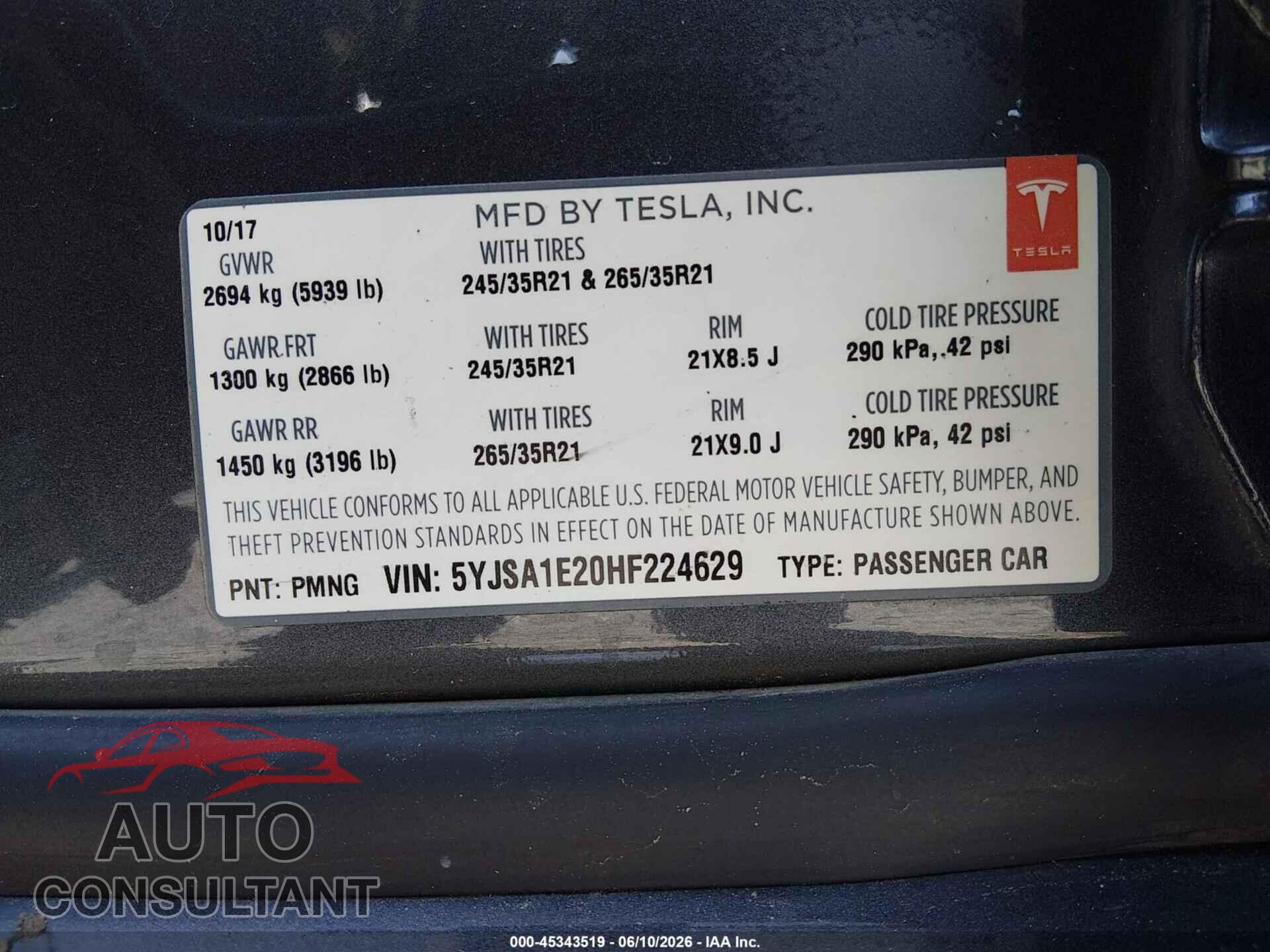 TESLA MODEL S 2017 - 5YJSA1E20HF224629
