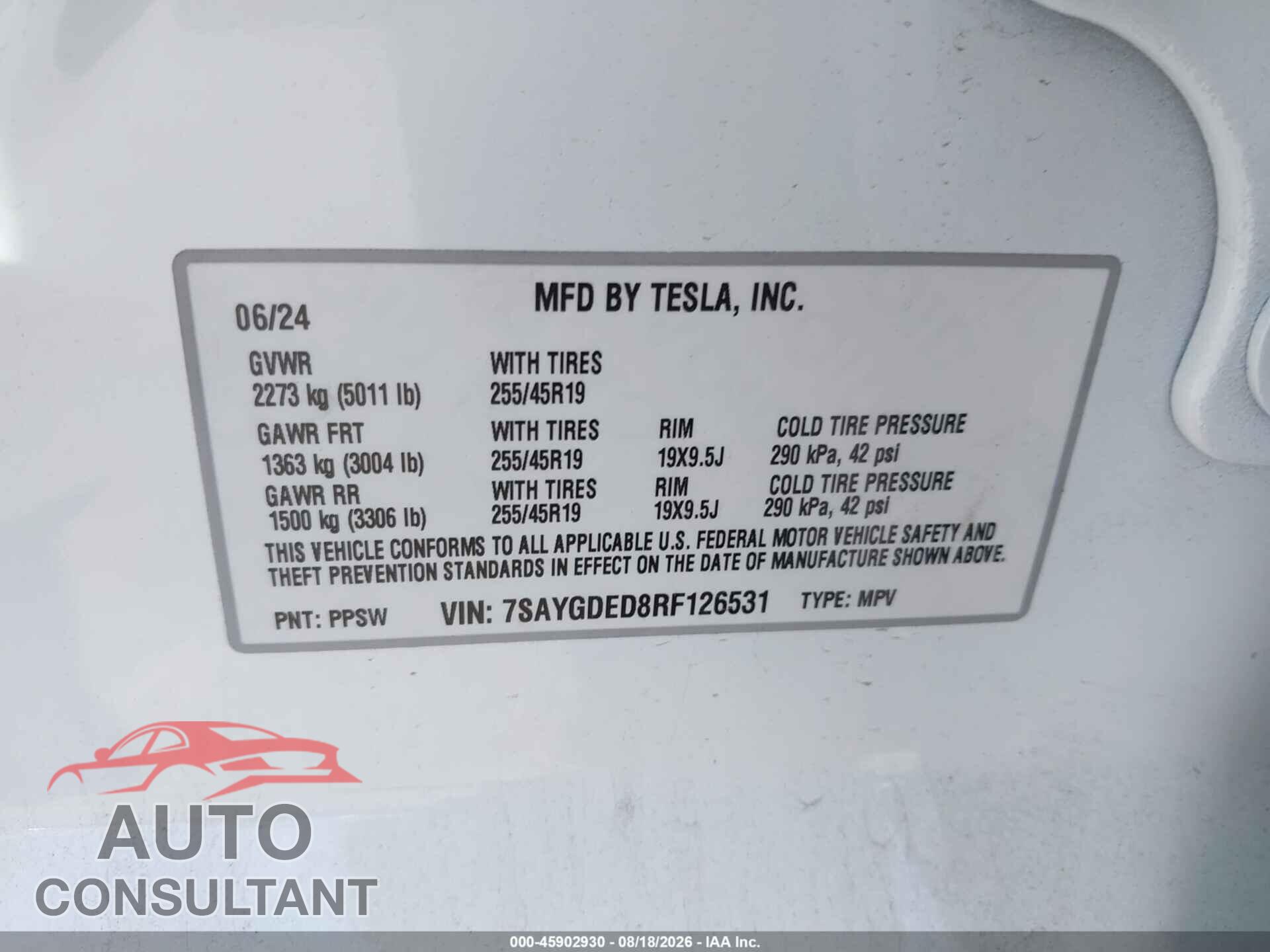 TESLA MODEL Y 2024 - 7SAYGDED8RF126531