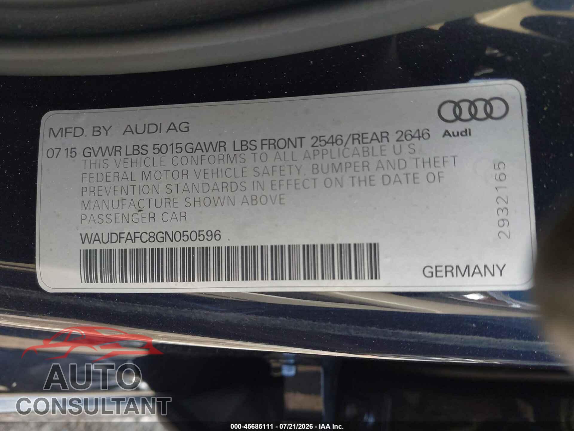 AUDI A6 2016 - WAUDFAFC8GN050596