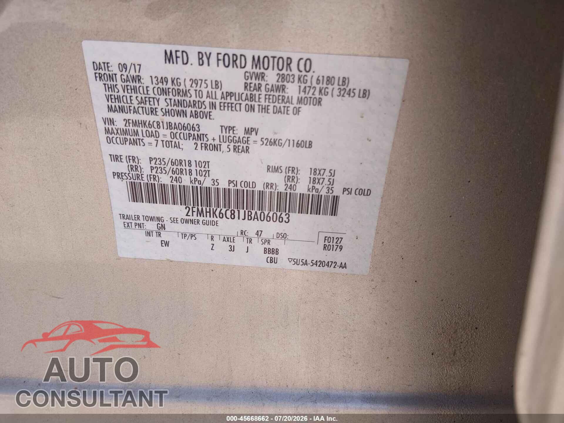 FORD FLEX 2018 - 2FMHK6C81JBA06063
