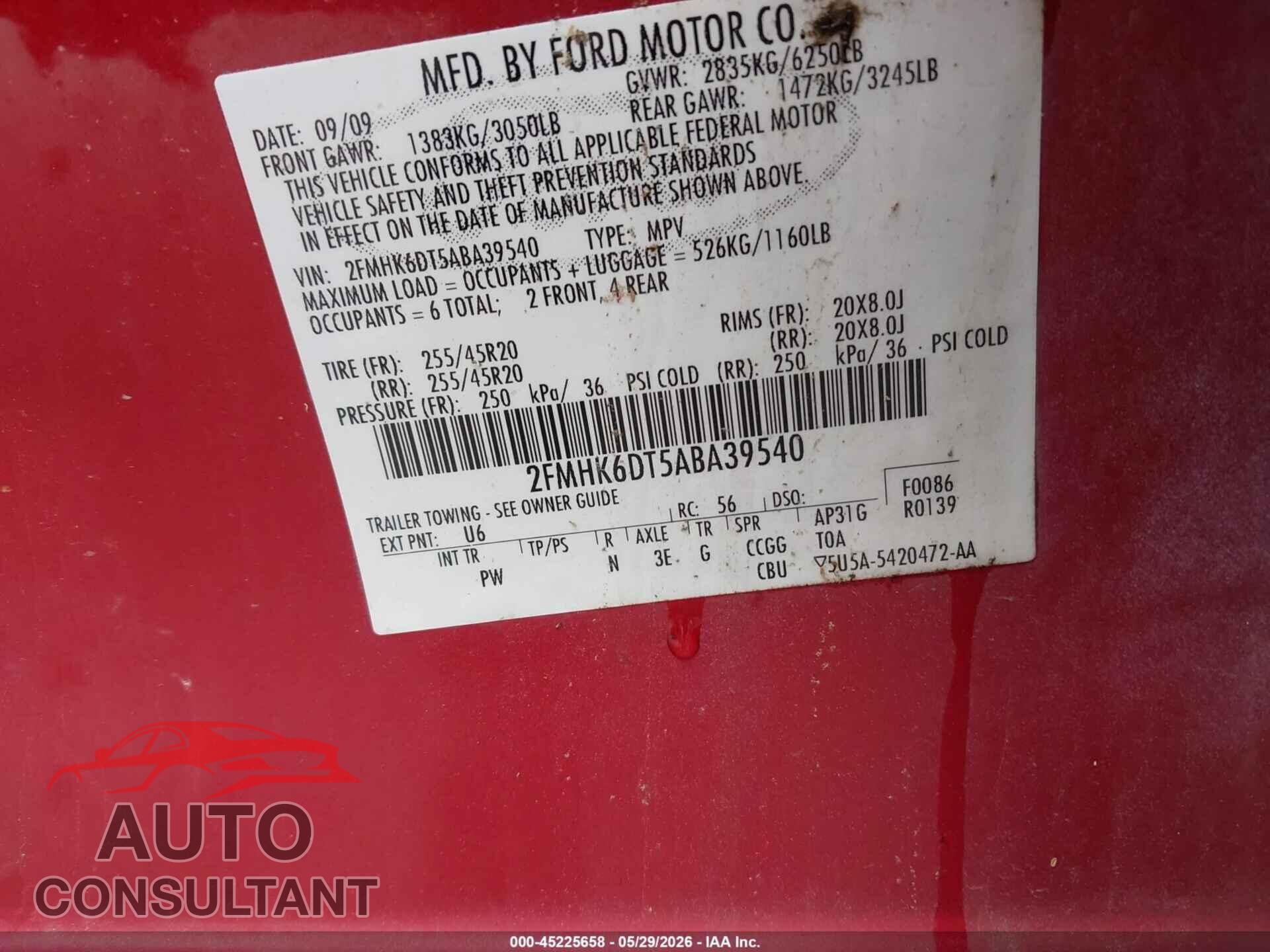FORD FLEX 2010 - 2FMHK6DT5ABA39540