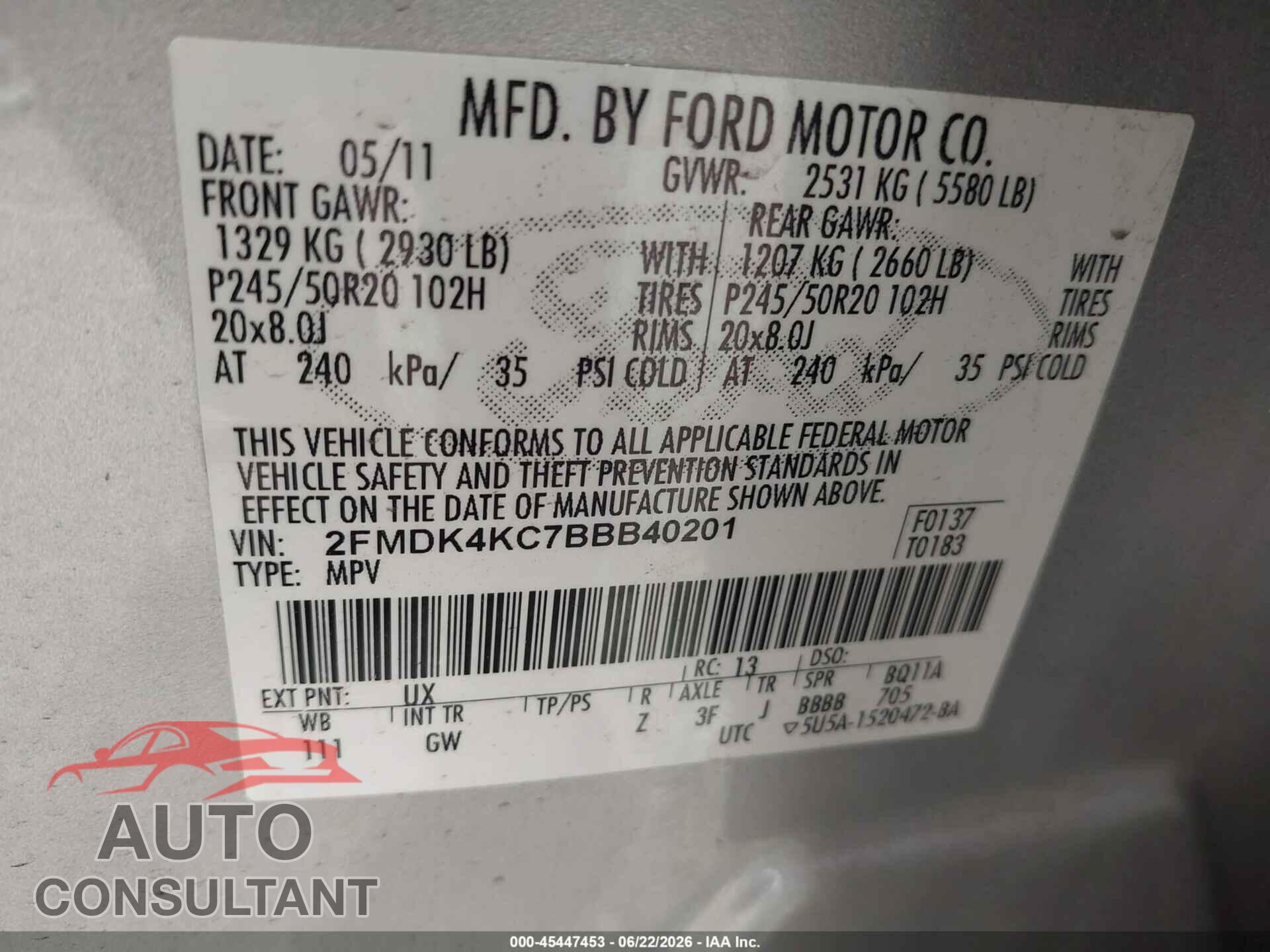 FORD EDGE 2011 - 2FMDK4KC7BBB40201