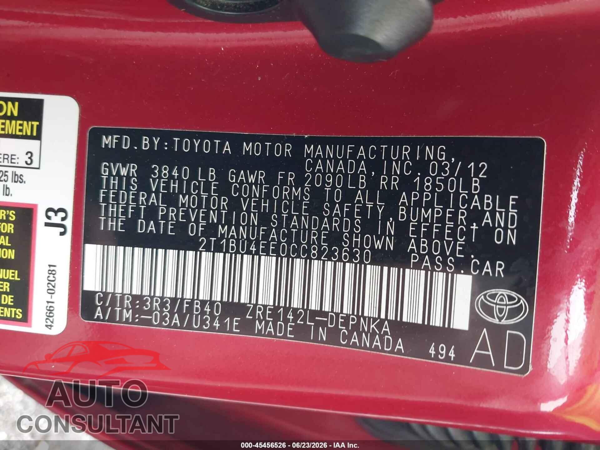 TOYOTA COROLLA 2012 - 2T1BU4EE0CC823630