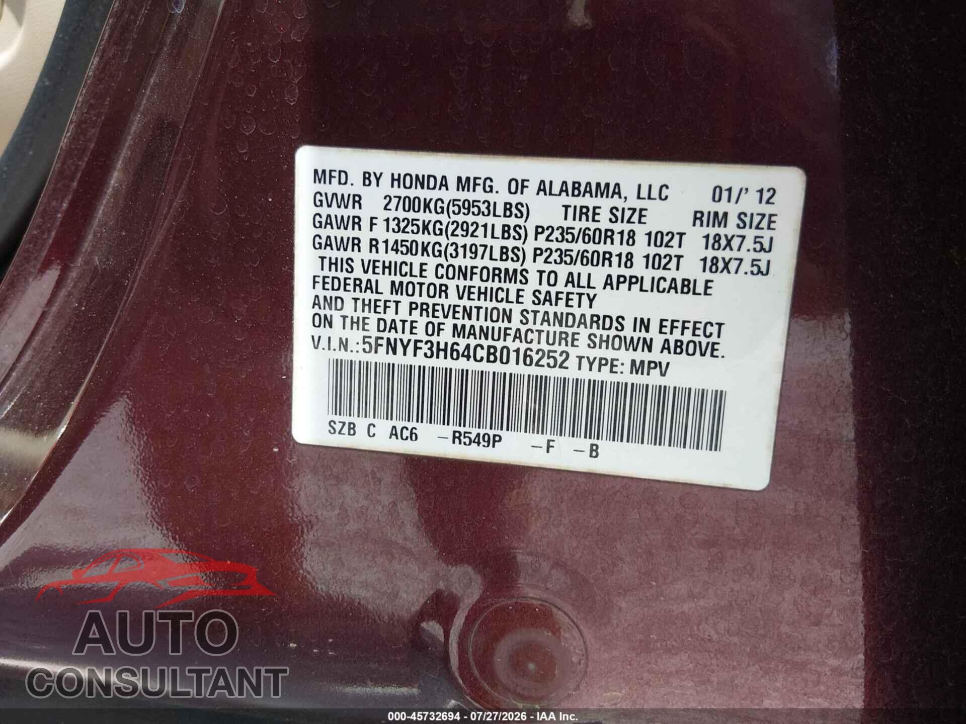 HONDA PILOT 2012 - 5FNYF3H64CB016252