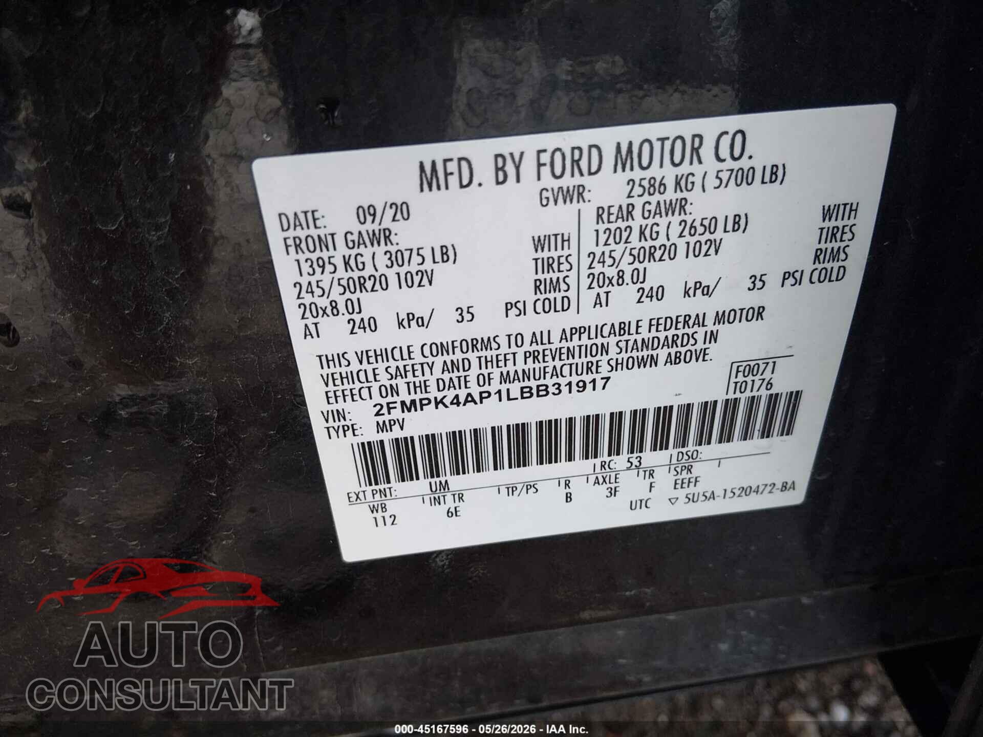 FORD EDGE 2020 - 2FMPK4AP1LBB31917