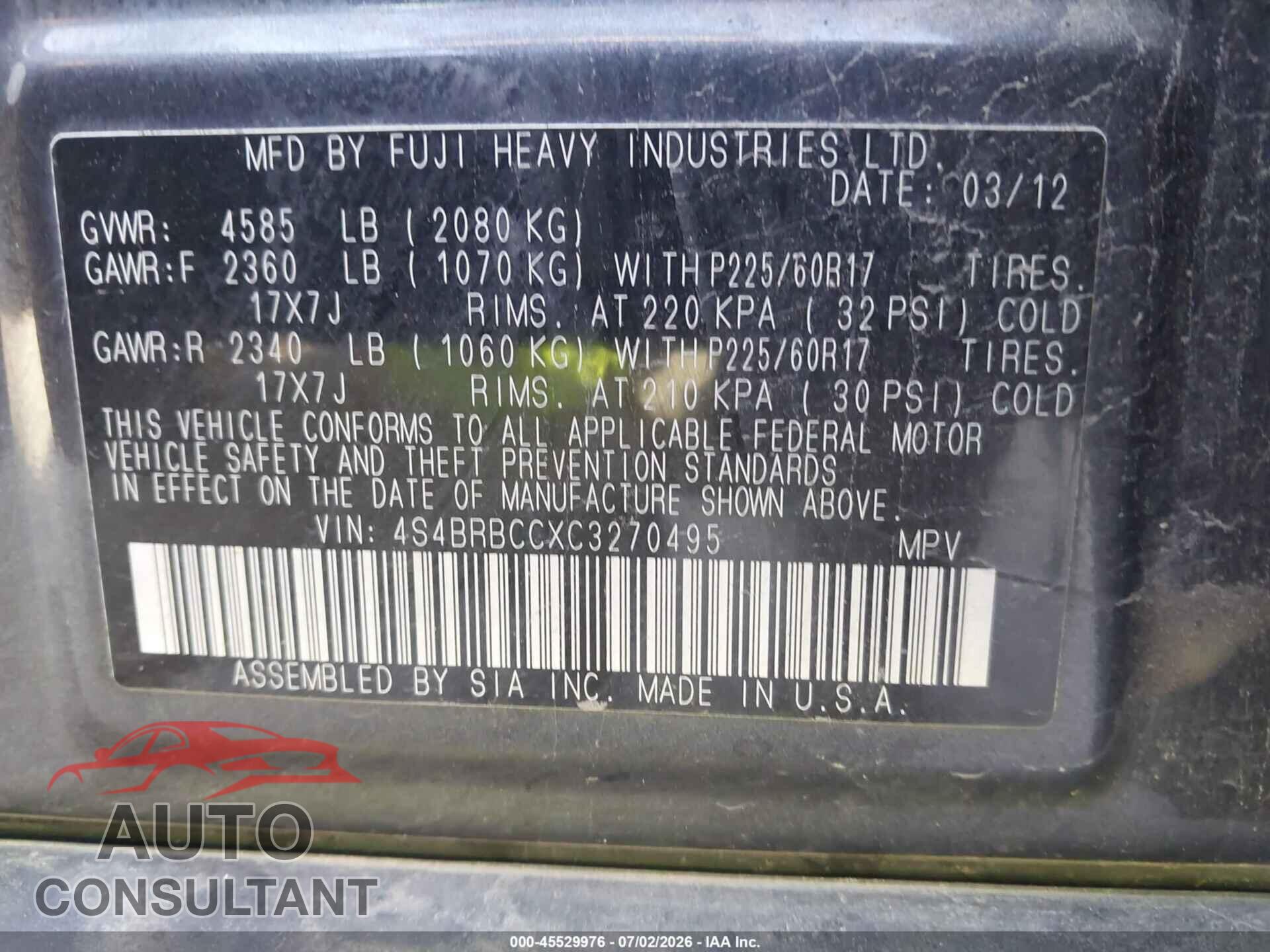 SUBARU OUTBACK 2012 - 4S4BRBCCXC3270495