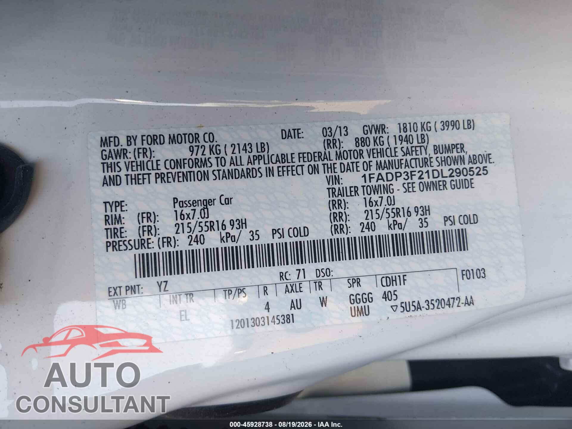 FORD FOCUS 2013 - 1FADP3F21DL290525