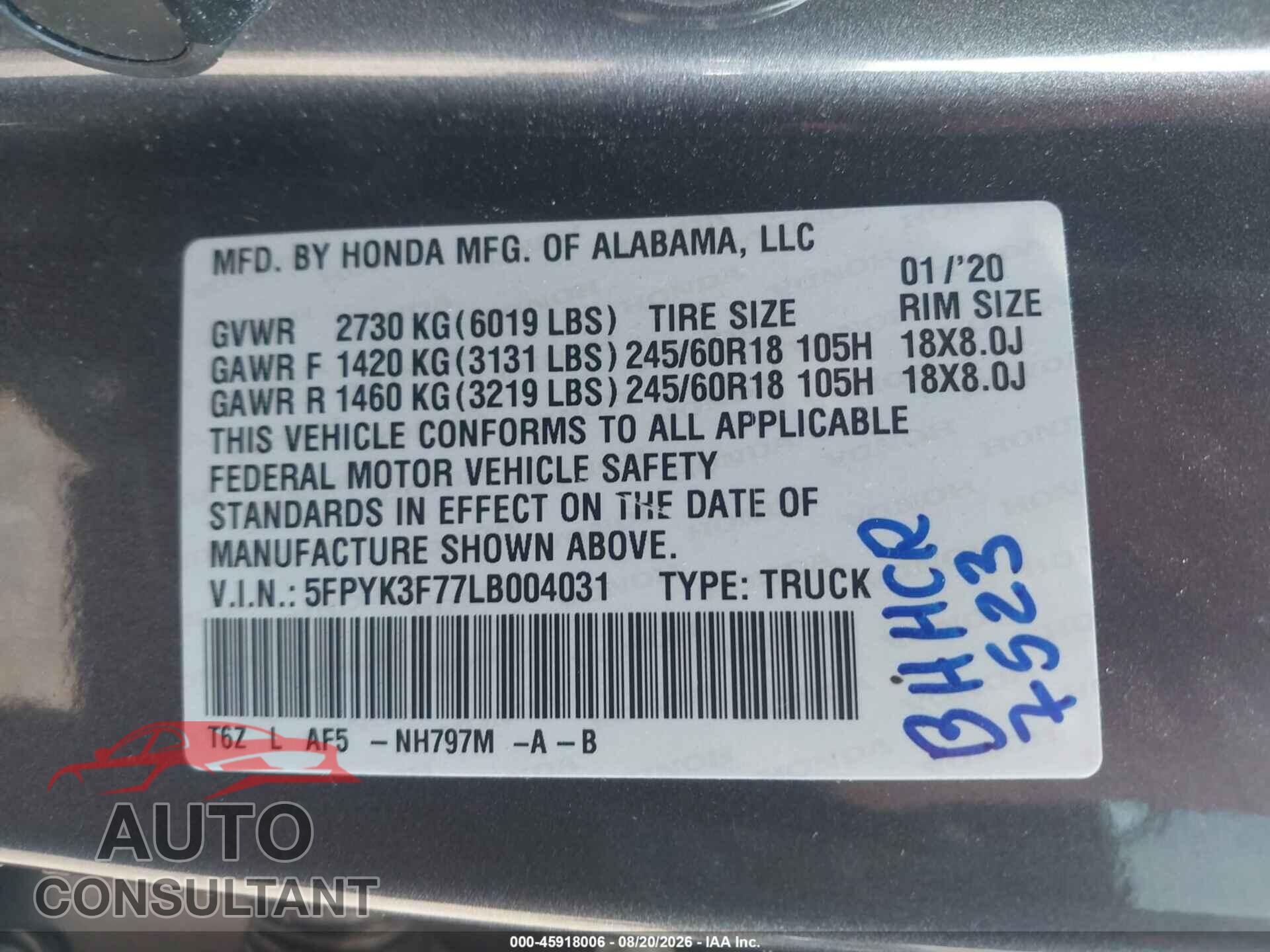 HONDA RIDGELINE 2020 - 5FPYK3F77LB004031