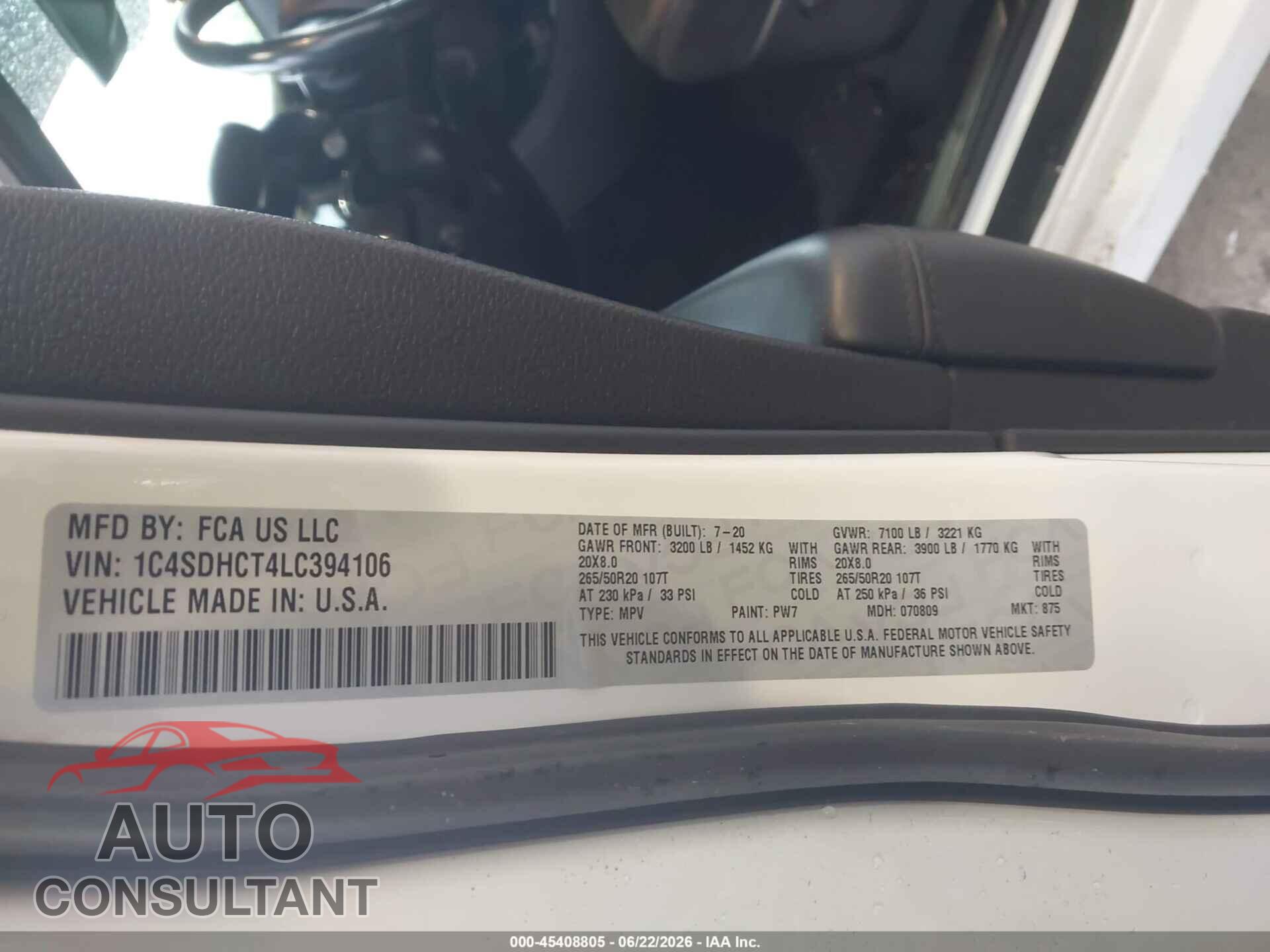 DODGE DURANGO 2020 - 1C4SDHCT4LC394106