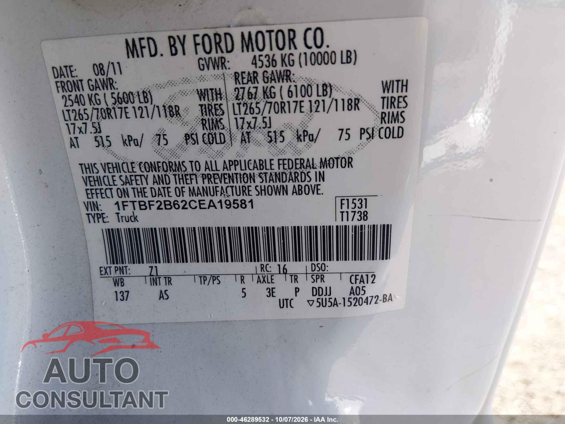 FORD F-250 2012 - 1FTBF2B62CEA19581