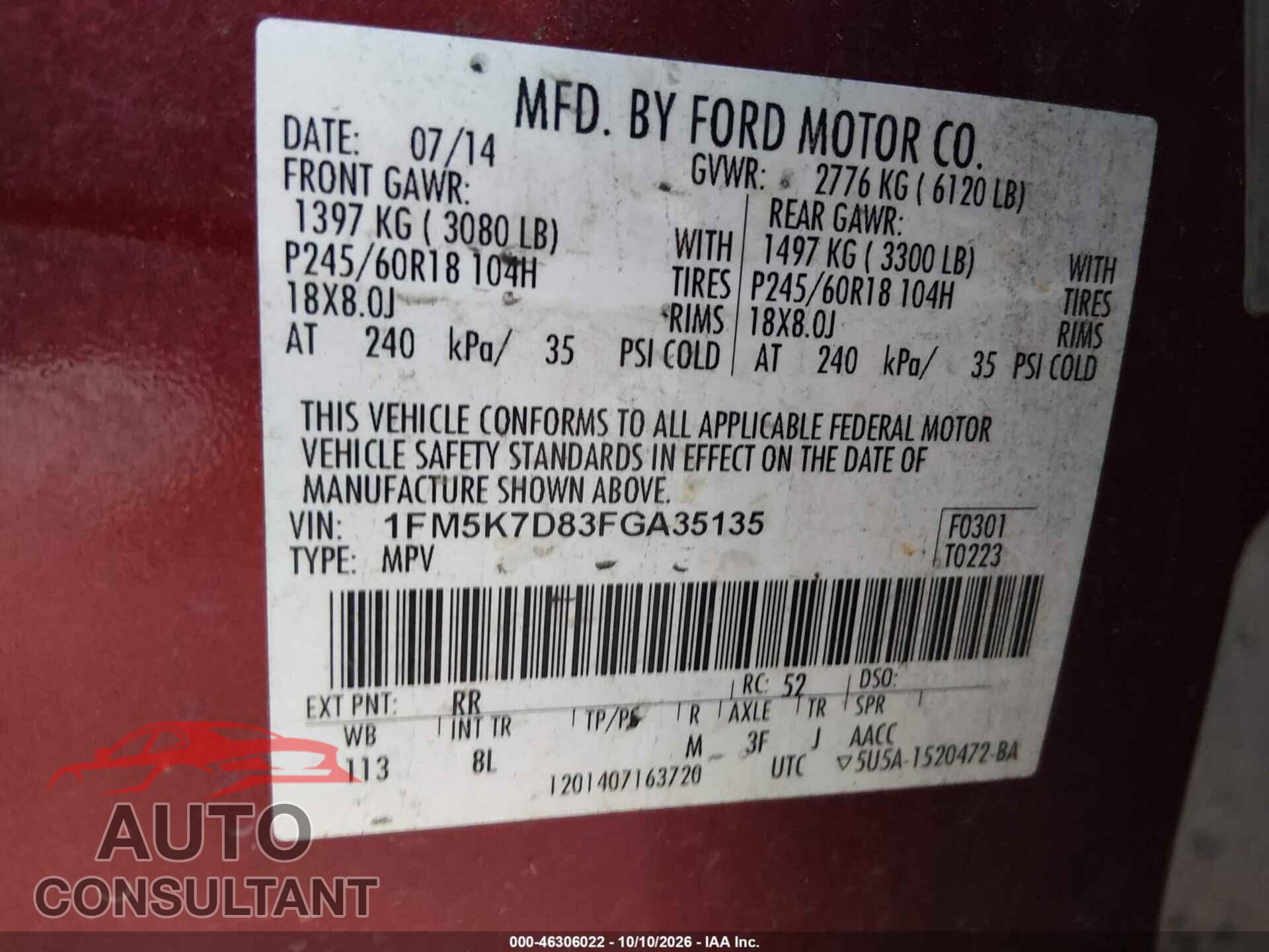 FORD EXPLORER 2015 - 1FM5K7D83FGA35135