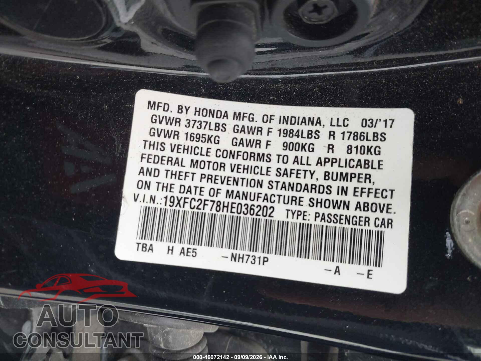 HONDA CIVIC 2017 - 19XFC2F78HE036202