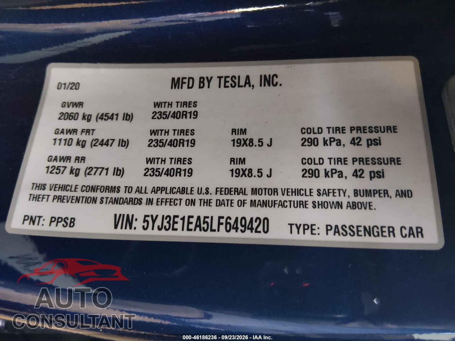 TESLA MODEL 3 2020 - 5YJ3E1EA5LF649420