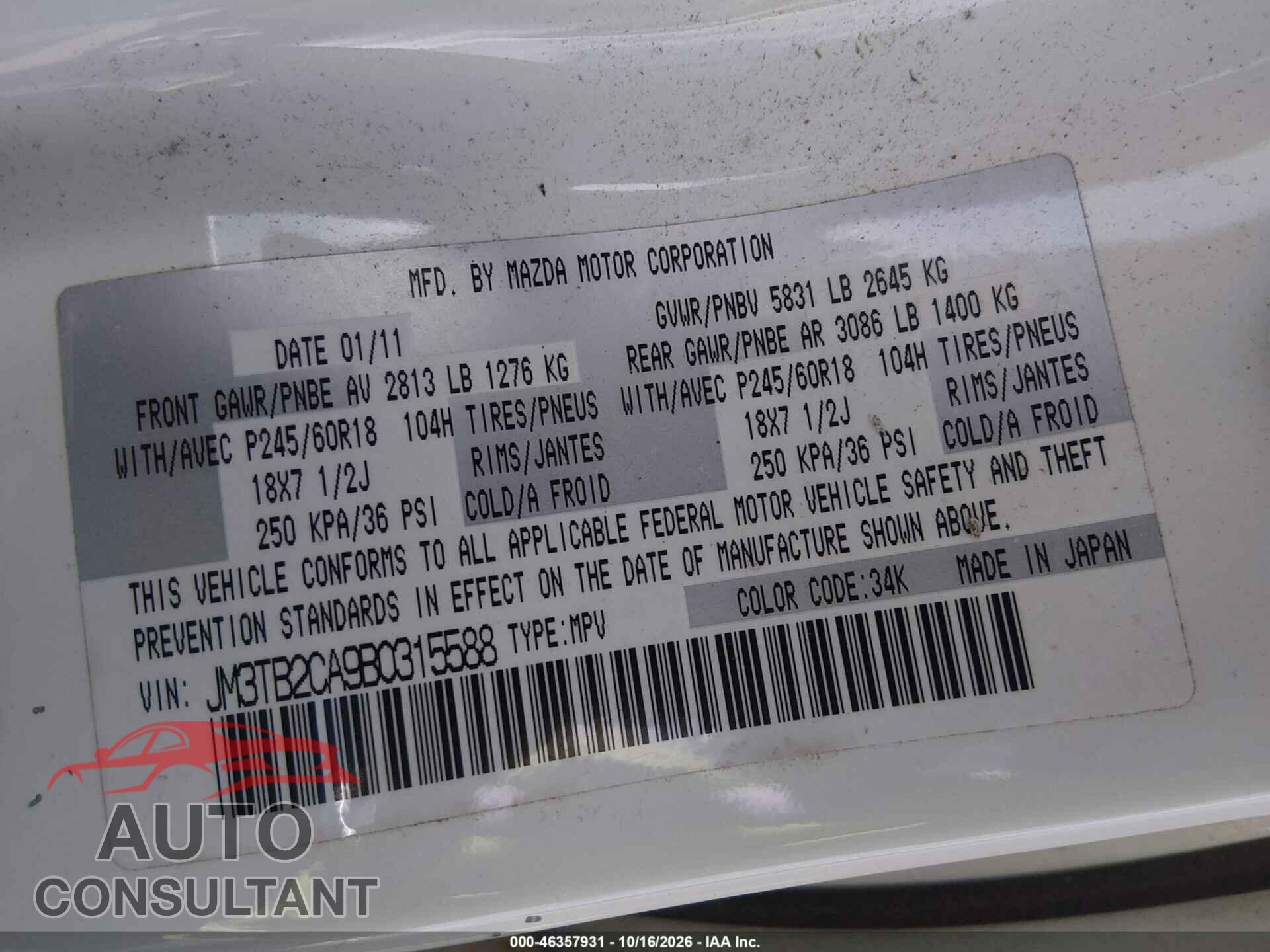 MAZDA CX-9 2011 - JM3TB2CA9B0315588