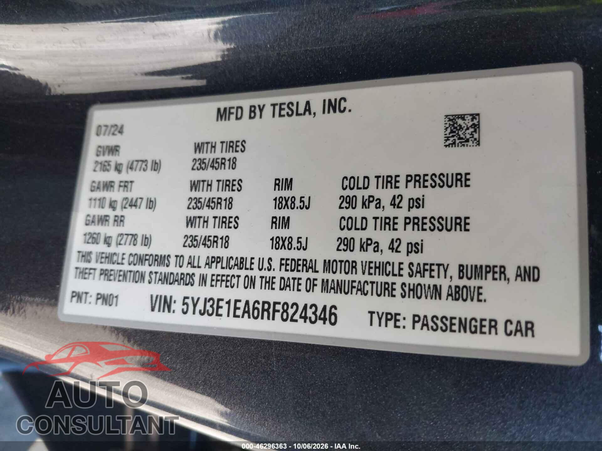 TESLA MODEL 3 2024 - 5YJ3E1EA6RF824346