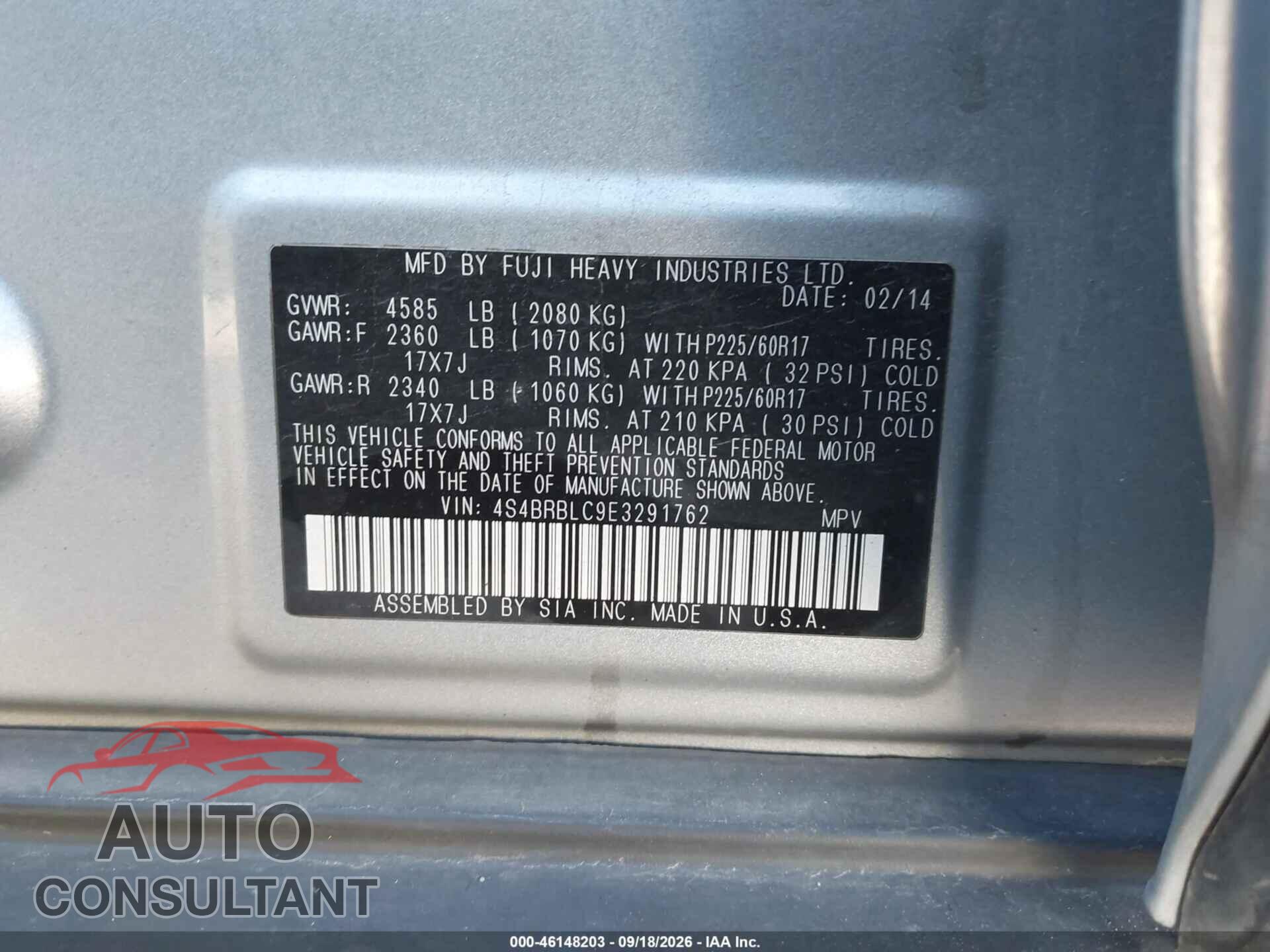 SUBARU OUTBACK 2014 - 4S4BRBLC9E3291762
