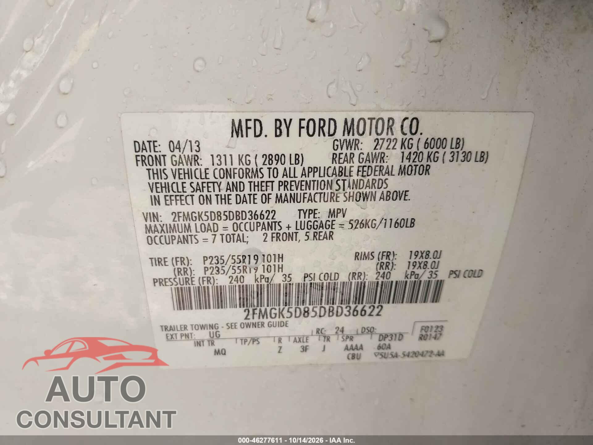 FORD FLEX 2013 - 2FMGK5D85DBD36622