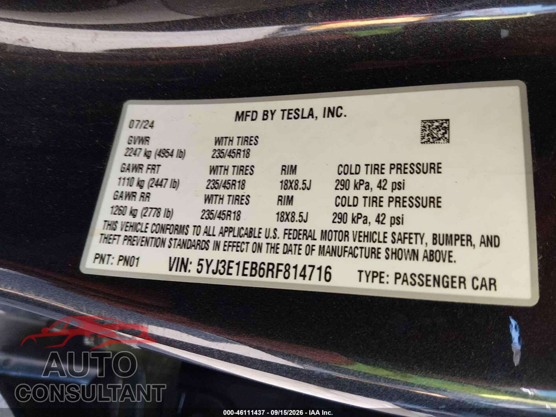 TESLA MODEL 3 2024 - 5YJ3E1EB6RF814716