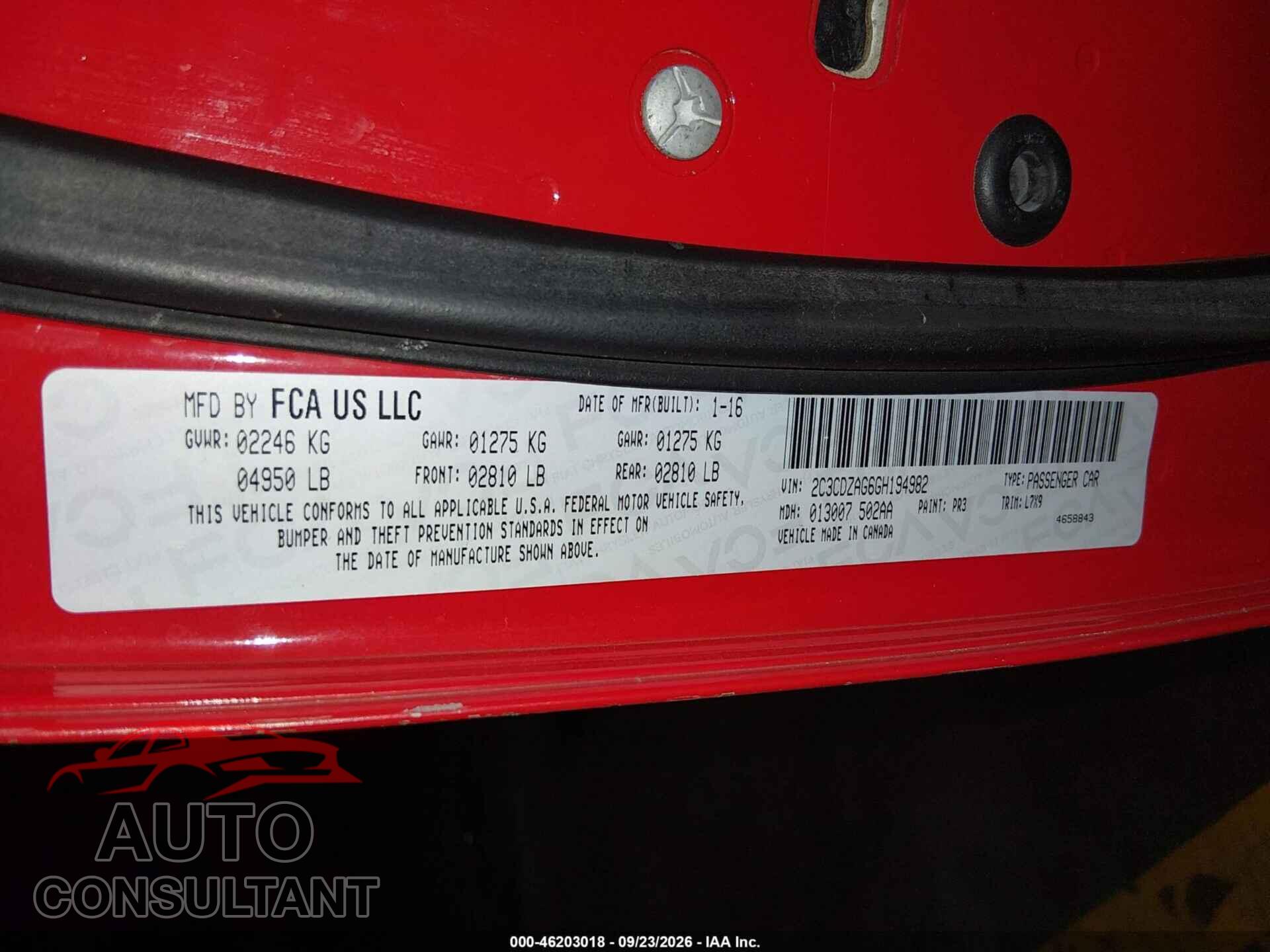 DODGE CHALLENGER 2016 - 2C3CDZAG6GH194982