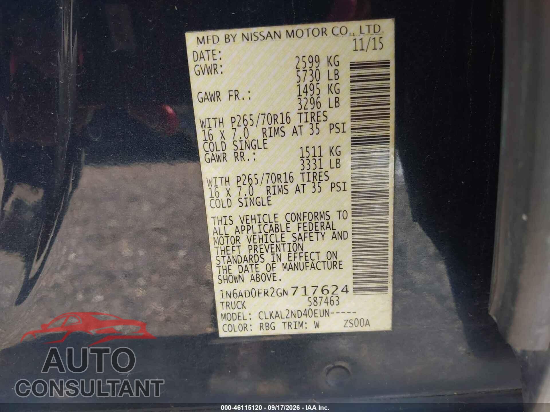 NISSAN FRONTIER 2016 - 1N6AD0ER2GN717624
