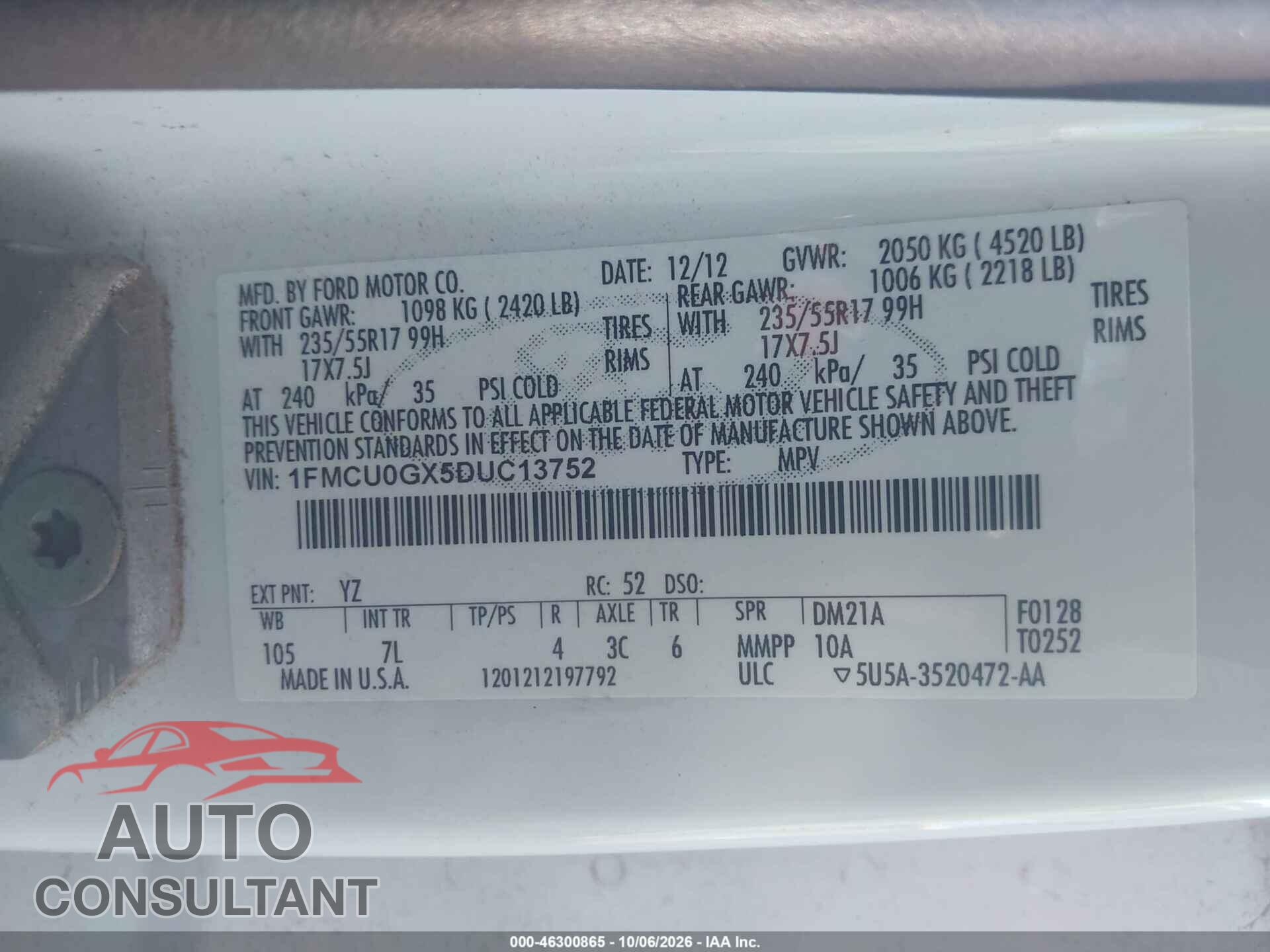 FORD ESCAPE 2013 - 1FMCU0GX5DUC13752