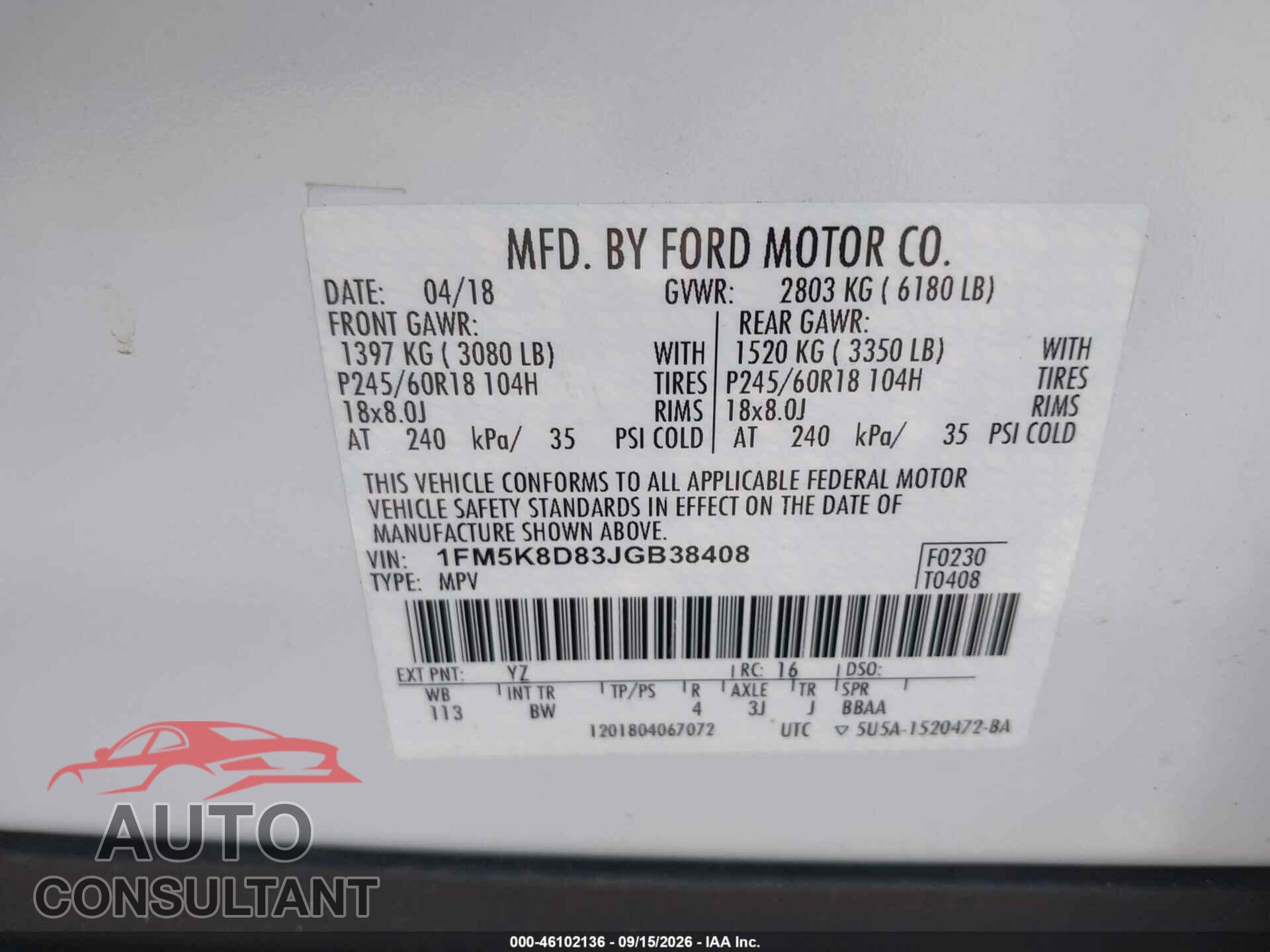 FORD EXPLORER 2018 - 1FM5K8D83JGB38408