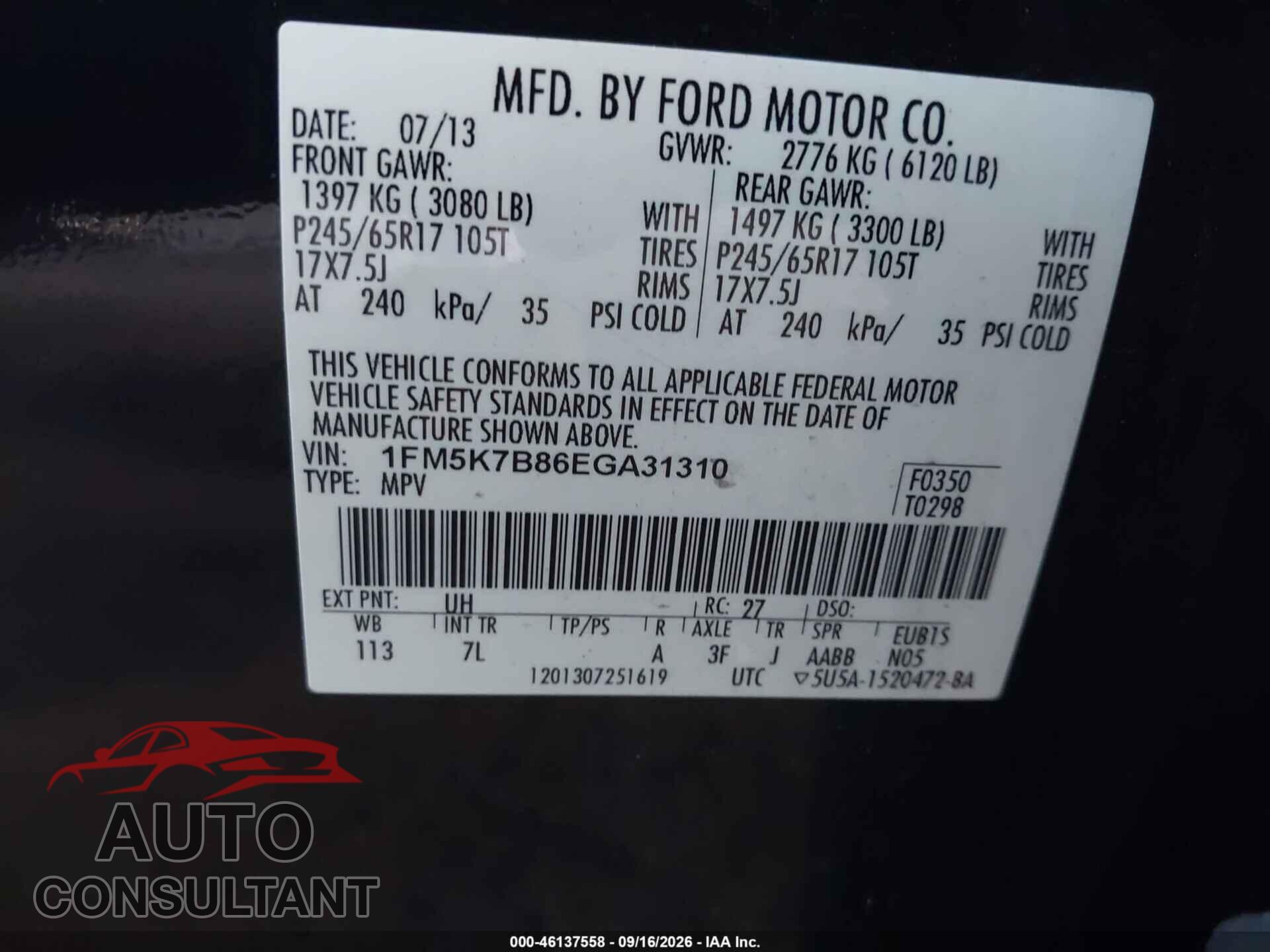 FORD EXPLORER 2014 - 1FM5K7B86EGA31310