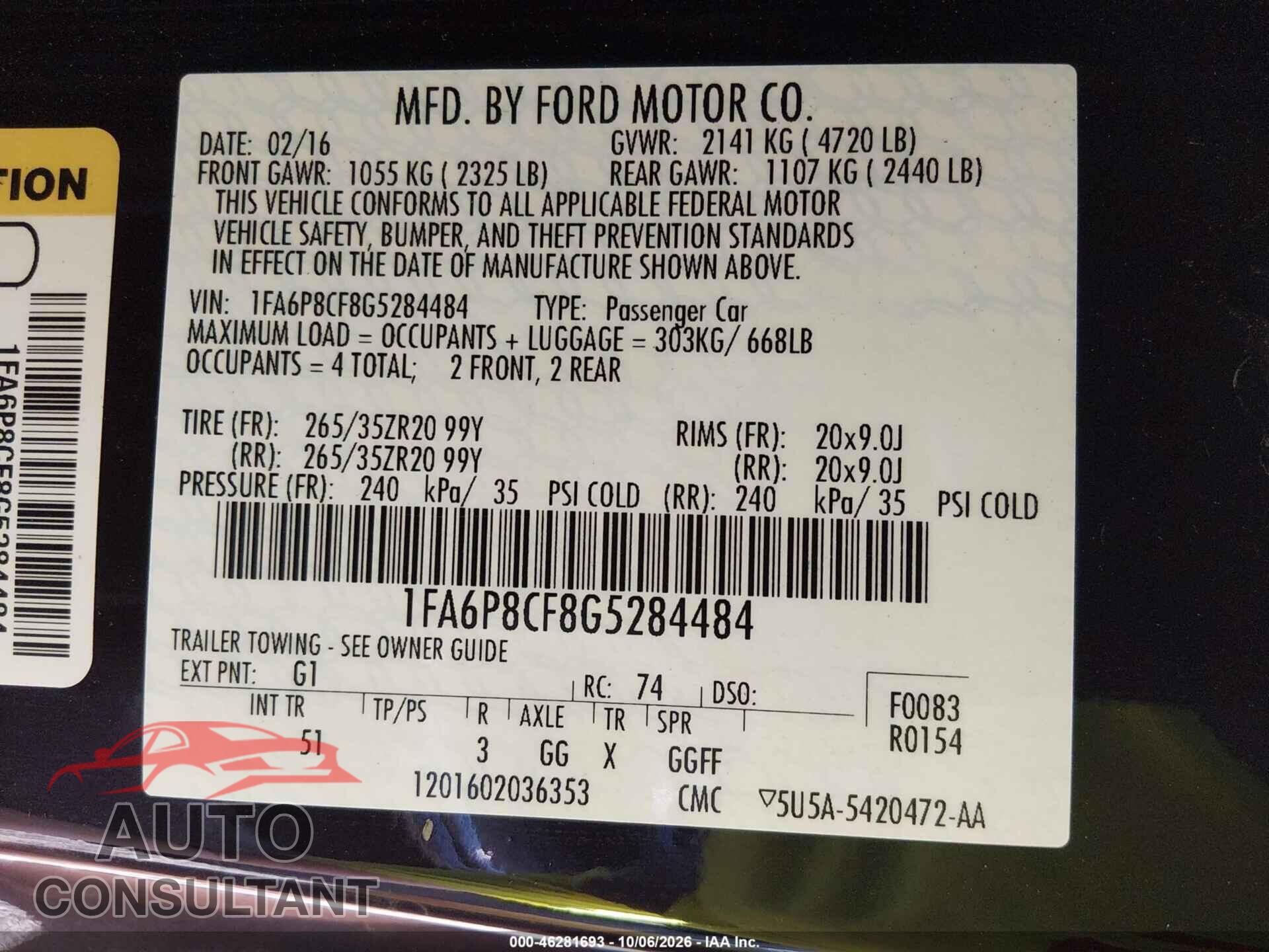 FORD MUSTANG 2016 - 1FA6P8CF8G5284484