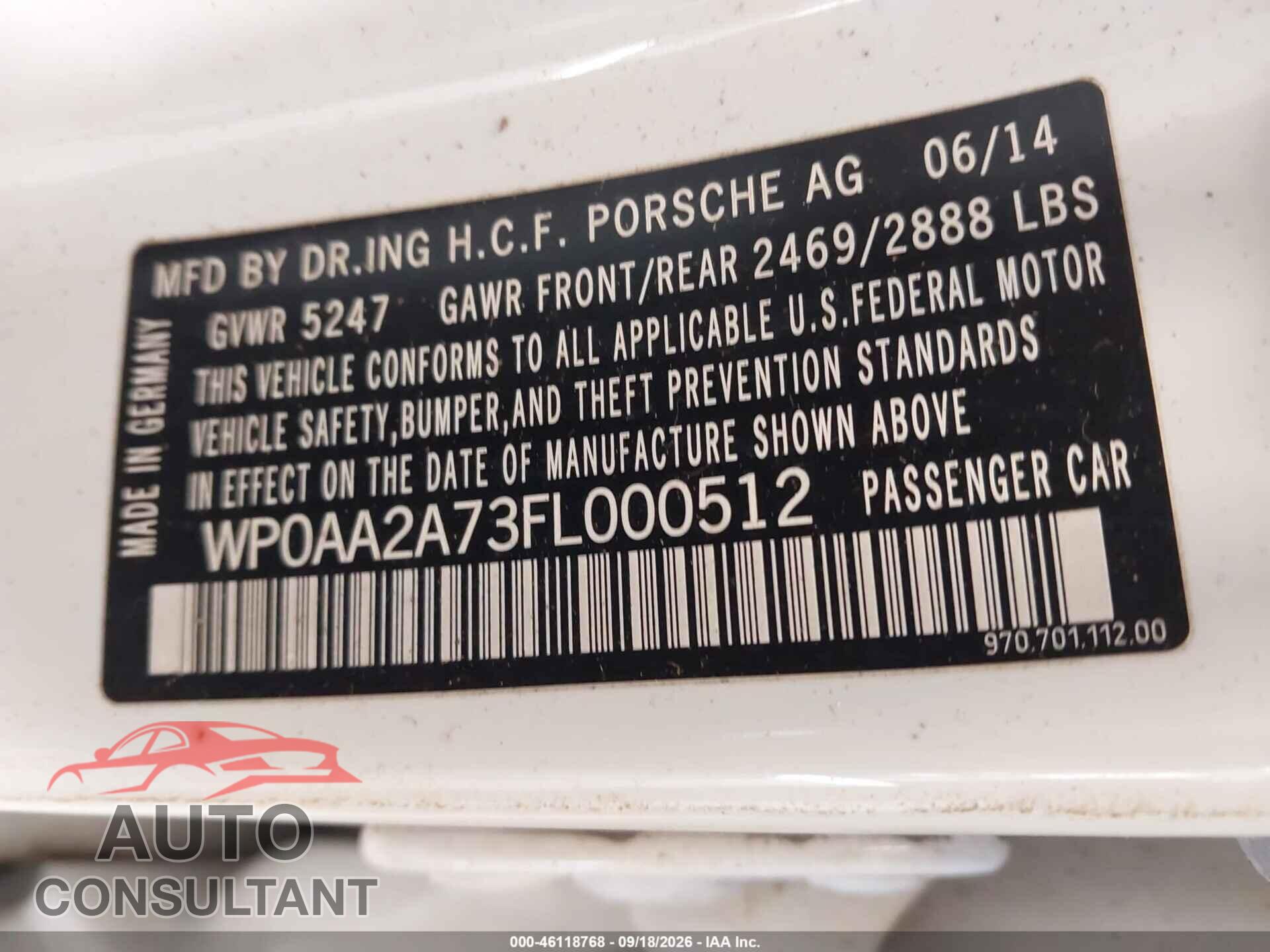 PORSCHE PANAMERA 2015 - WP0AA2A73FL000512