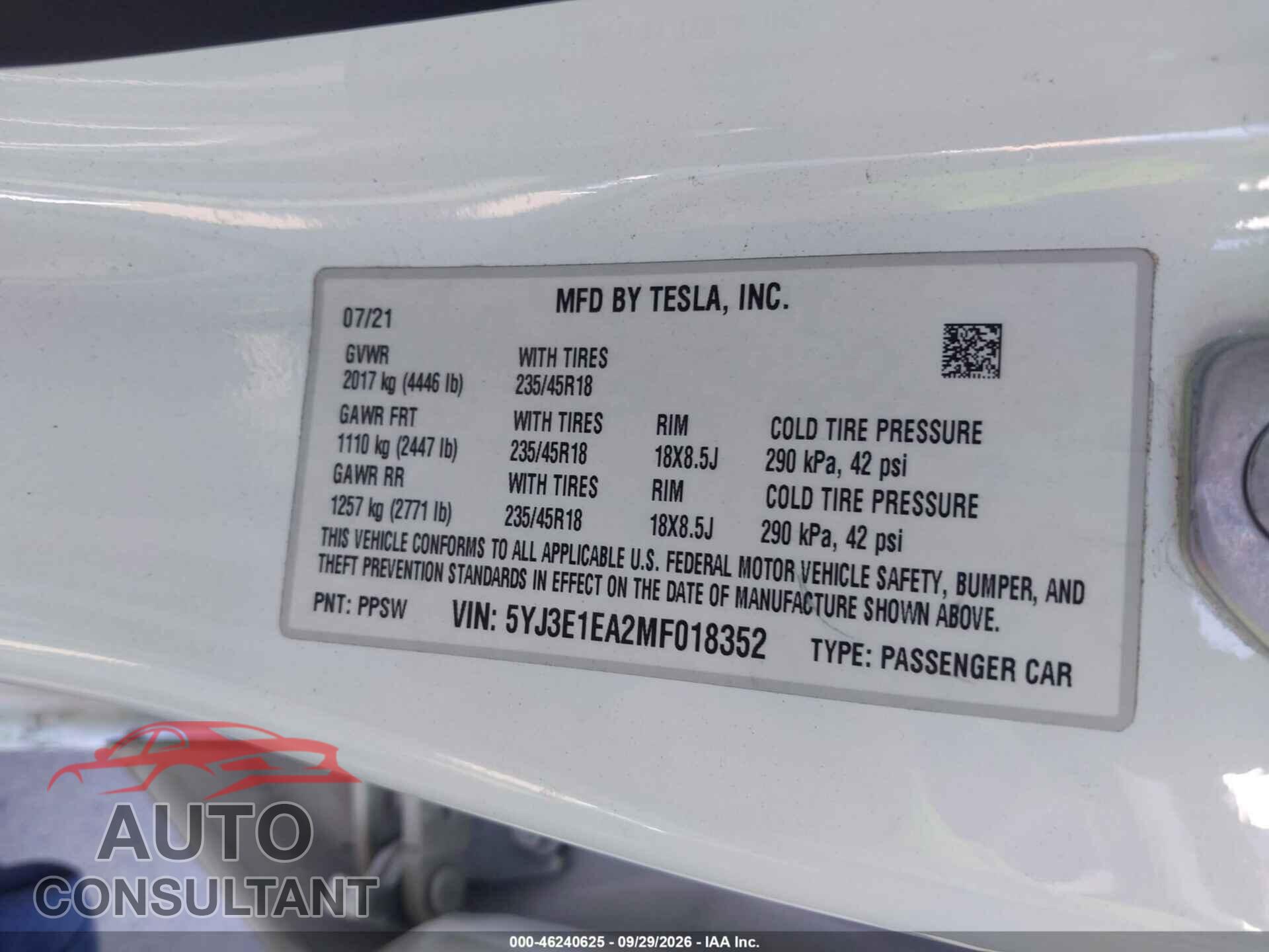 TESLA MODEL 3 2021 - 5YJ3E1EA2MF018352