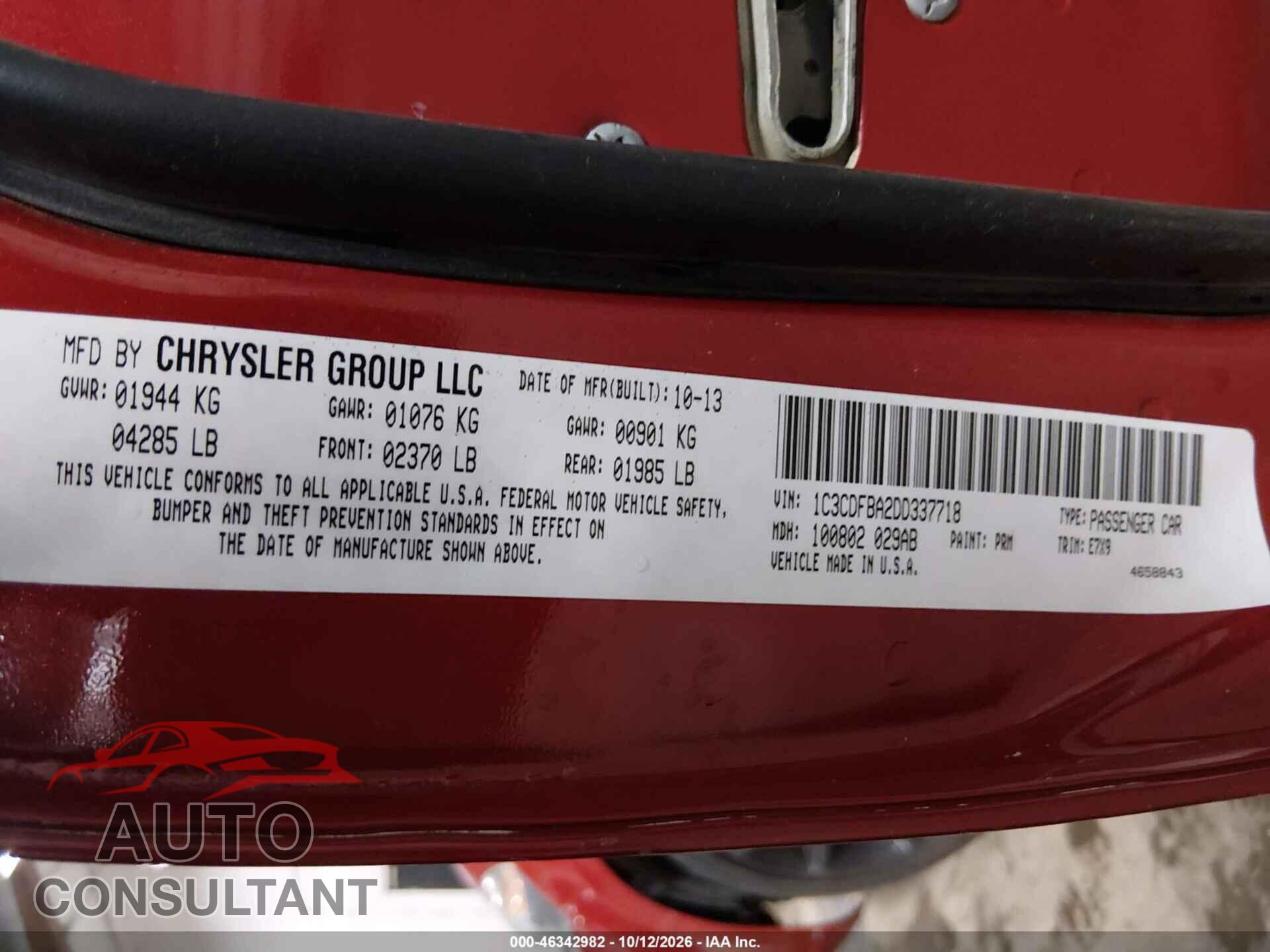 DODGE DART 2013 - 1C3CDFBA2DD337718